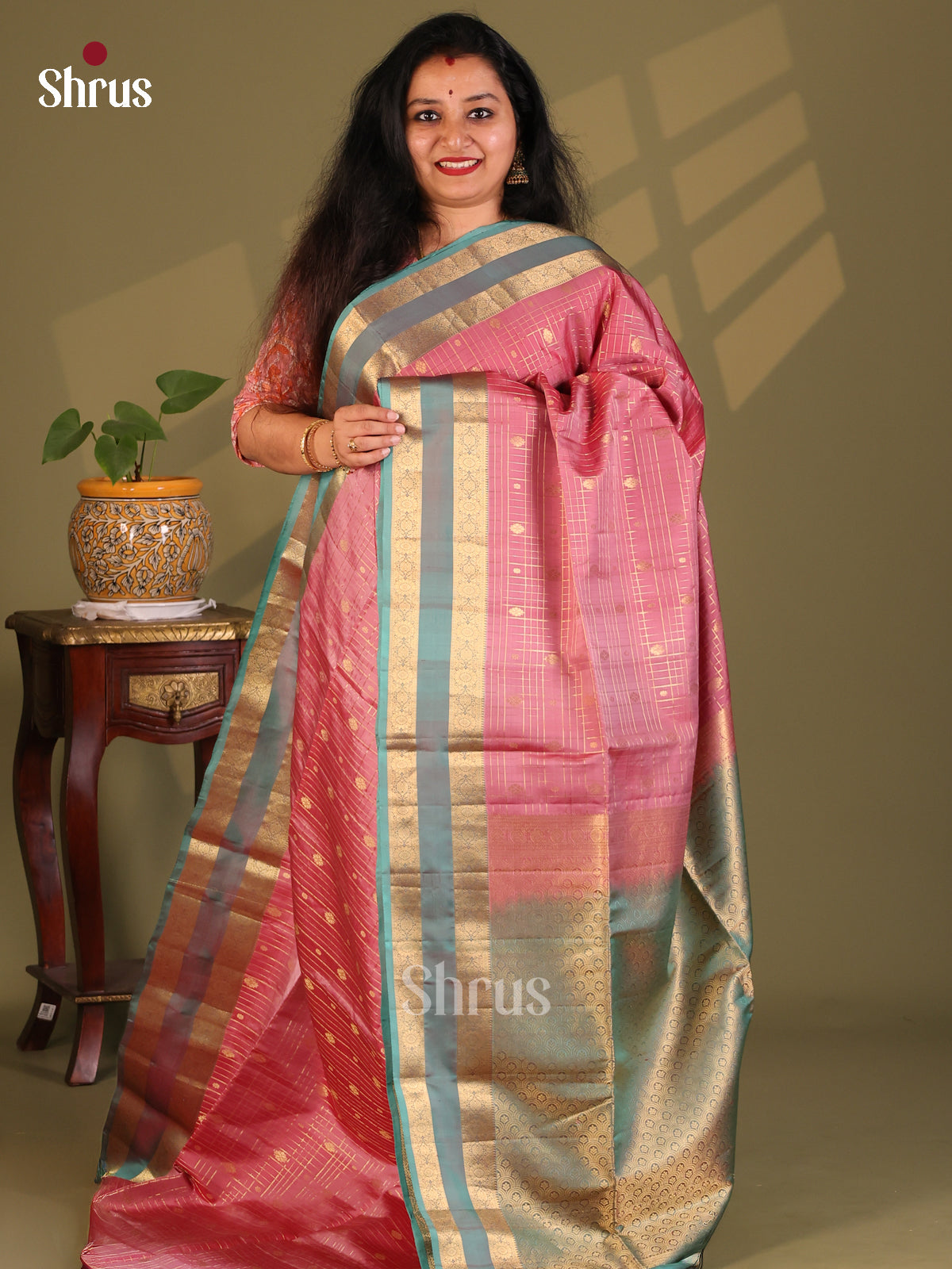 Beautiful Reddish Pink Soft Silk Saree with vaira oosi checks pattern & Contrast Rettaipet Border - Shop on Shrus.com