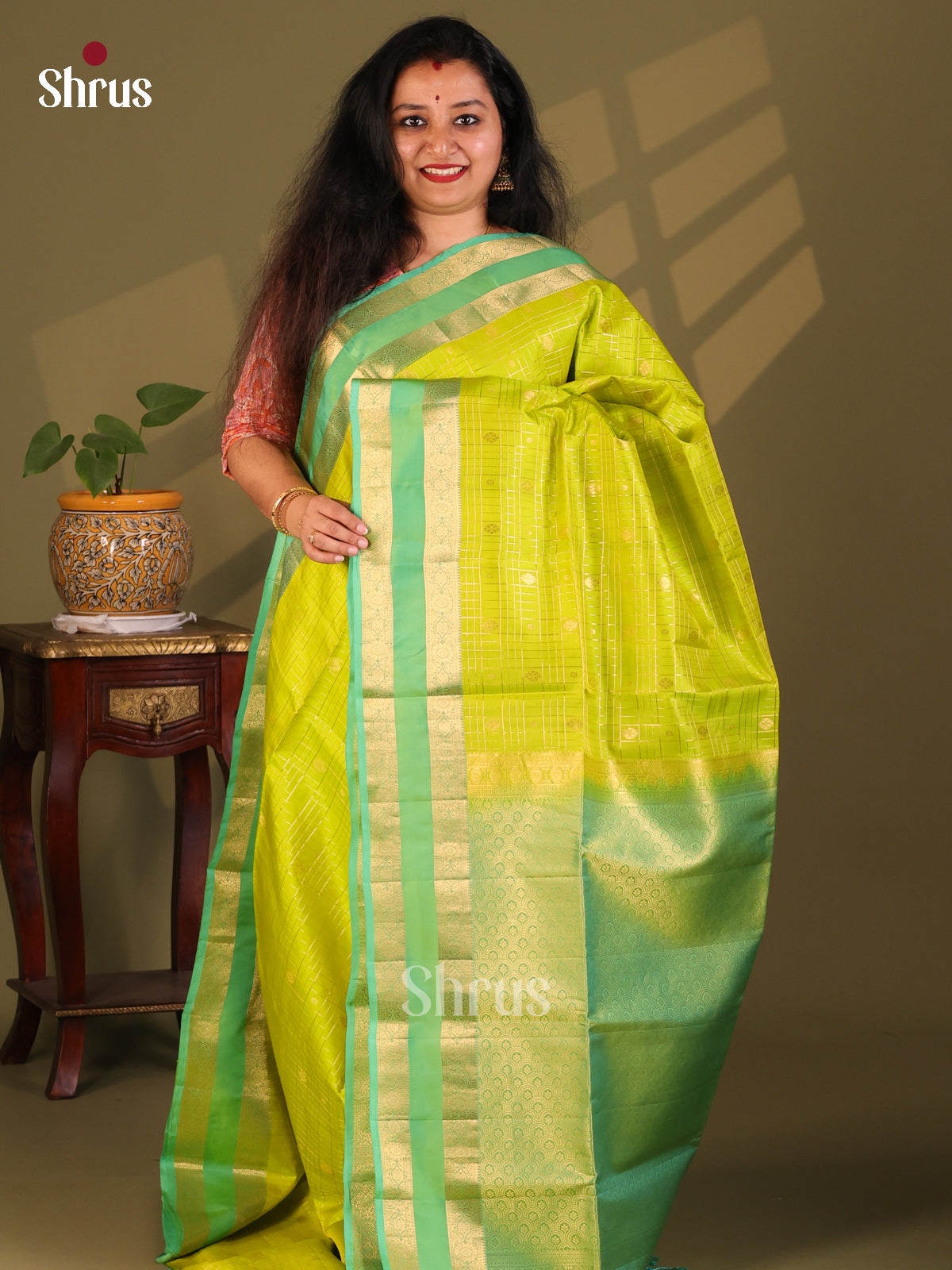 Classic Lime Green & Green Soft Silk Saree gold zari checks , rettaipet Border - Shop on Shrus.com