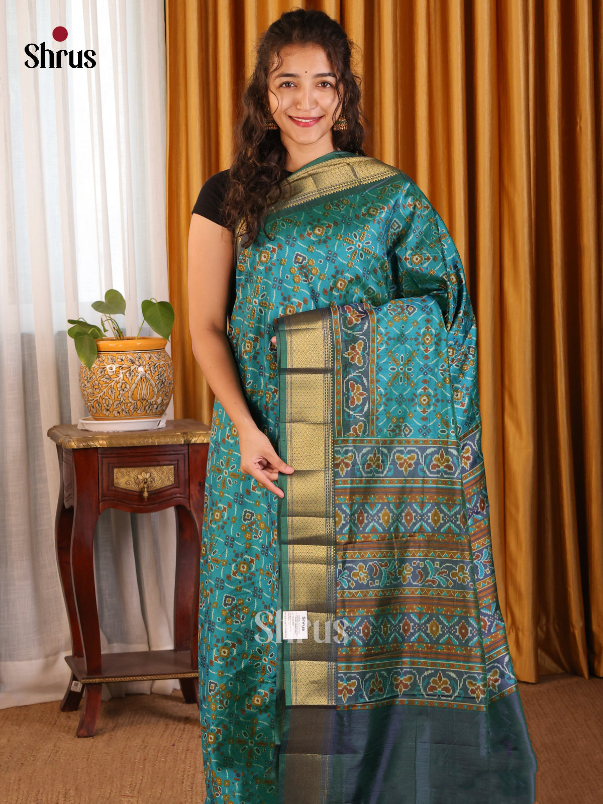 Teal with Green - Semi Patola Saree - Shop on Shrus.com