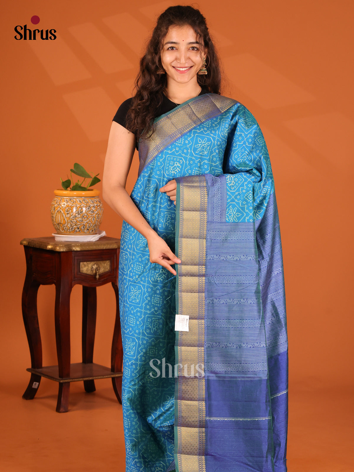 Teal with Blue - Semi Patola Saree - Shop on Shrus.com