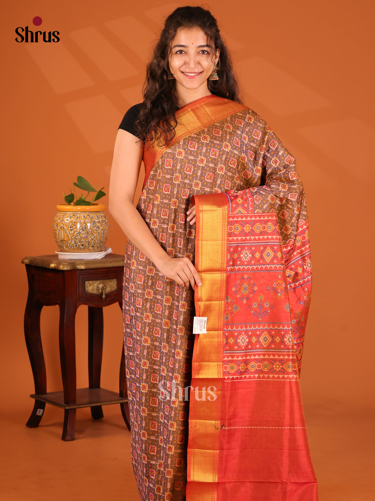 Brown with Brick Orange- Semi Patola Saree - Shop on Shrus.com