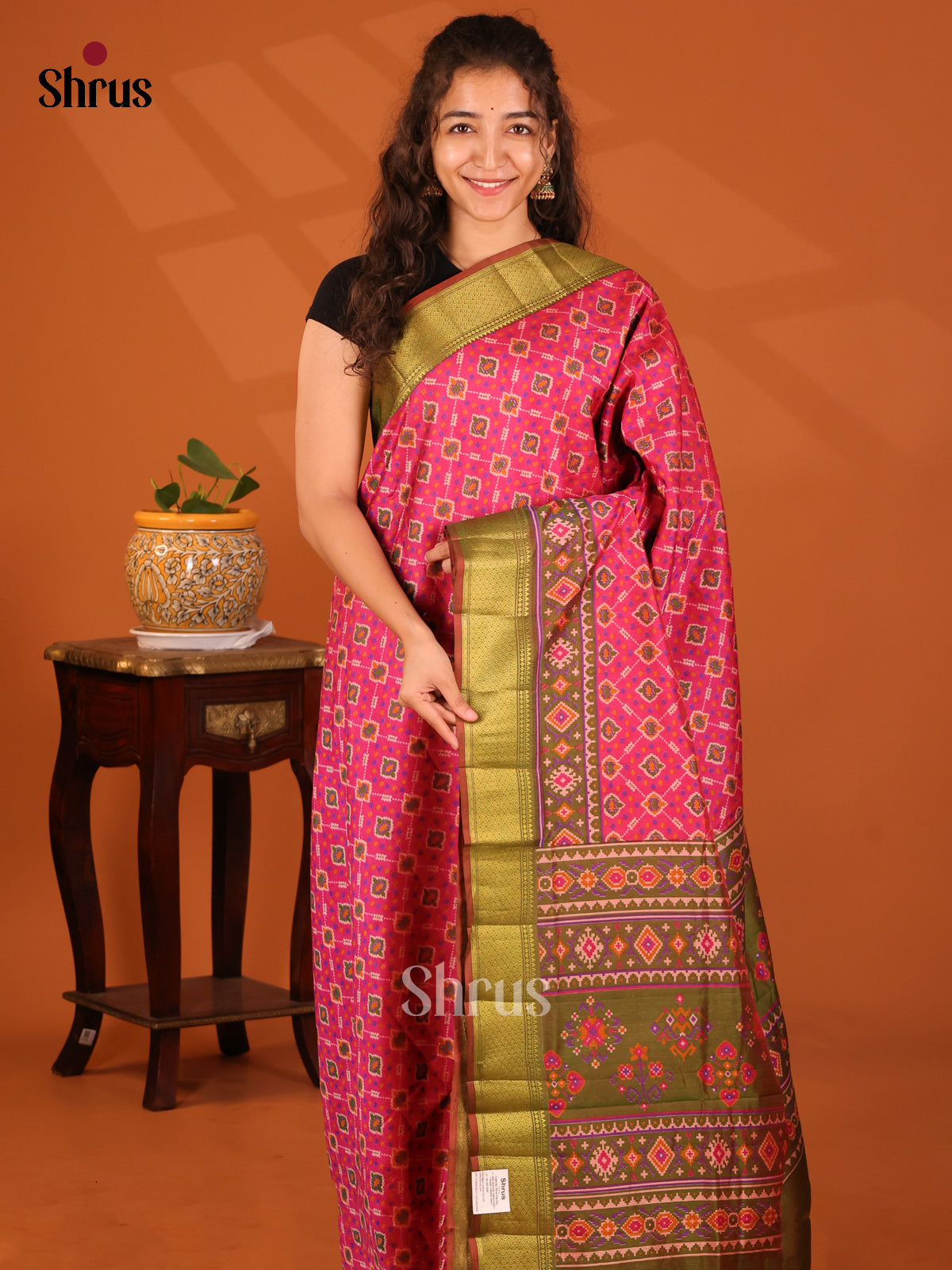 Pink with Green - Semi Patola Saree - Shop on Shrus.com