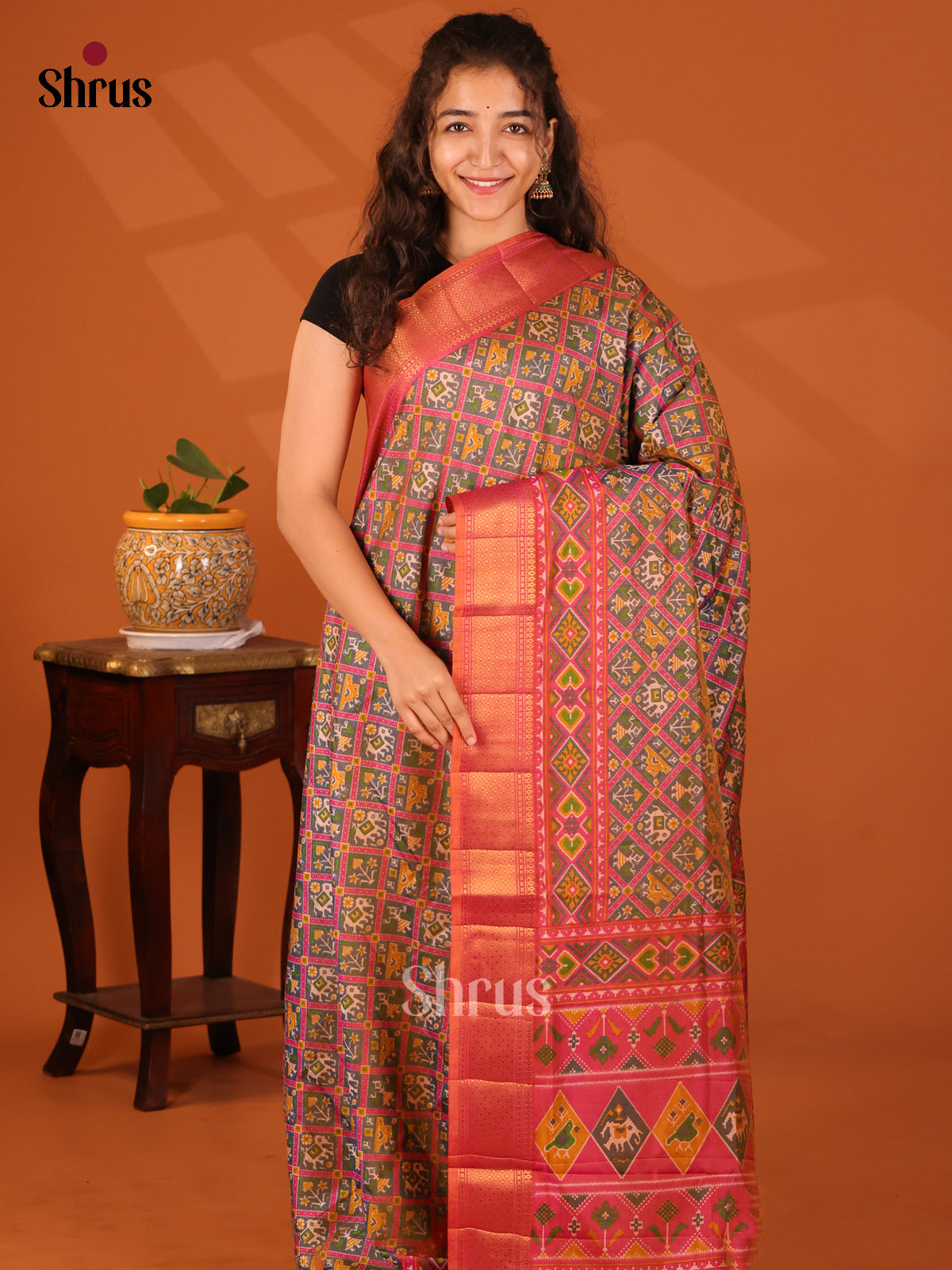 Green & Maroon- Semi Patola Saree - Shop on Shrus.com