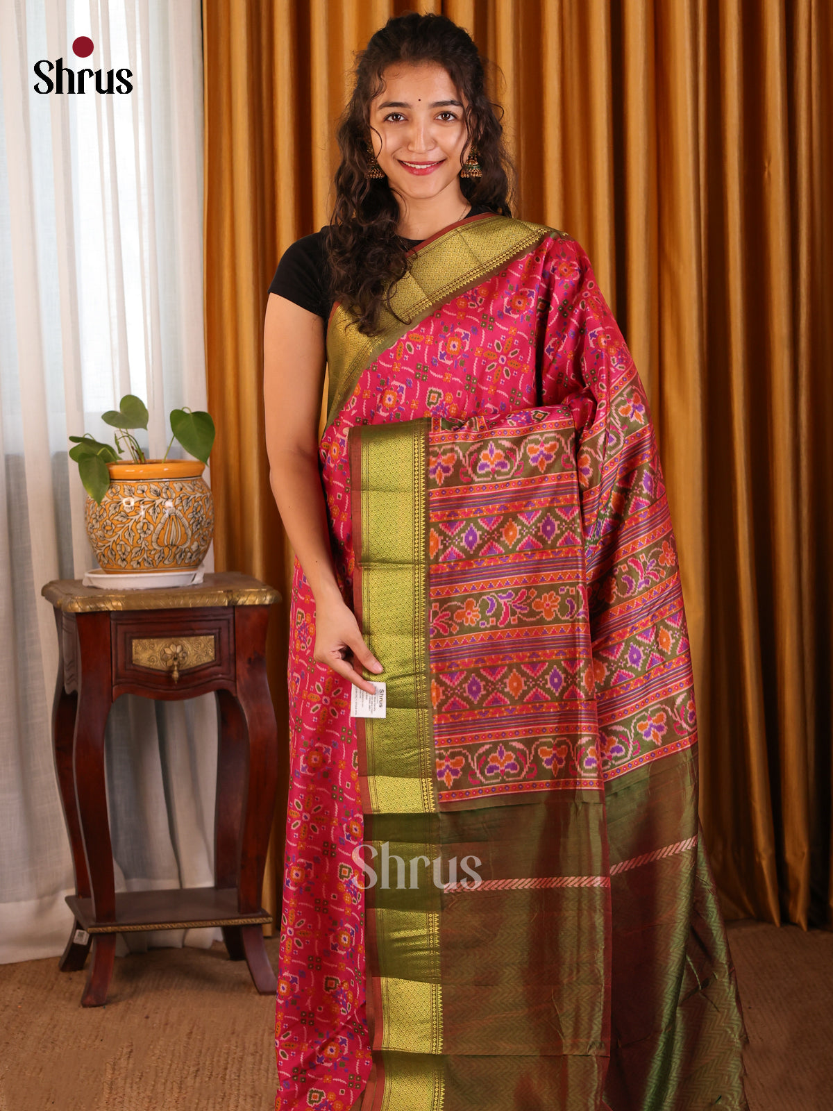 Red with Green - Semi Patola Saree - Shop on Shrus.com