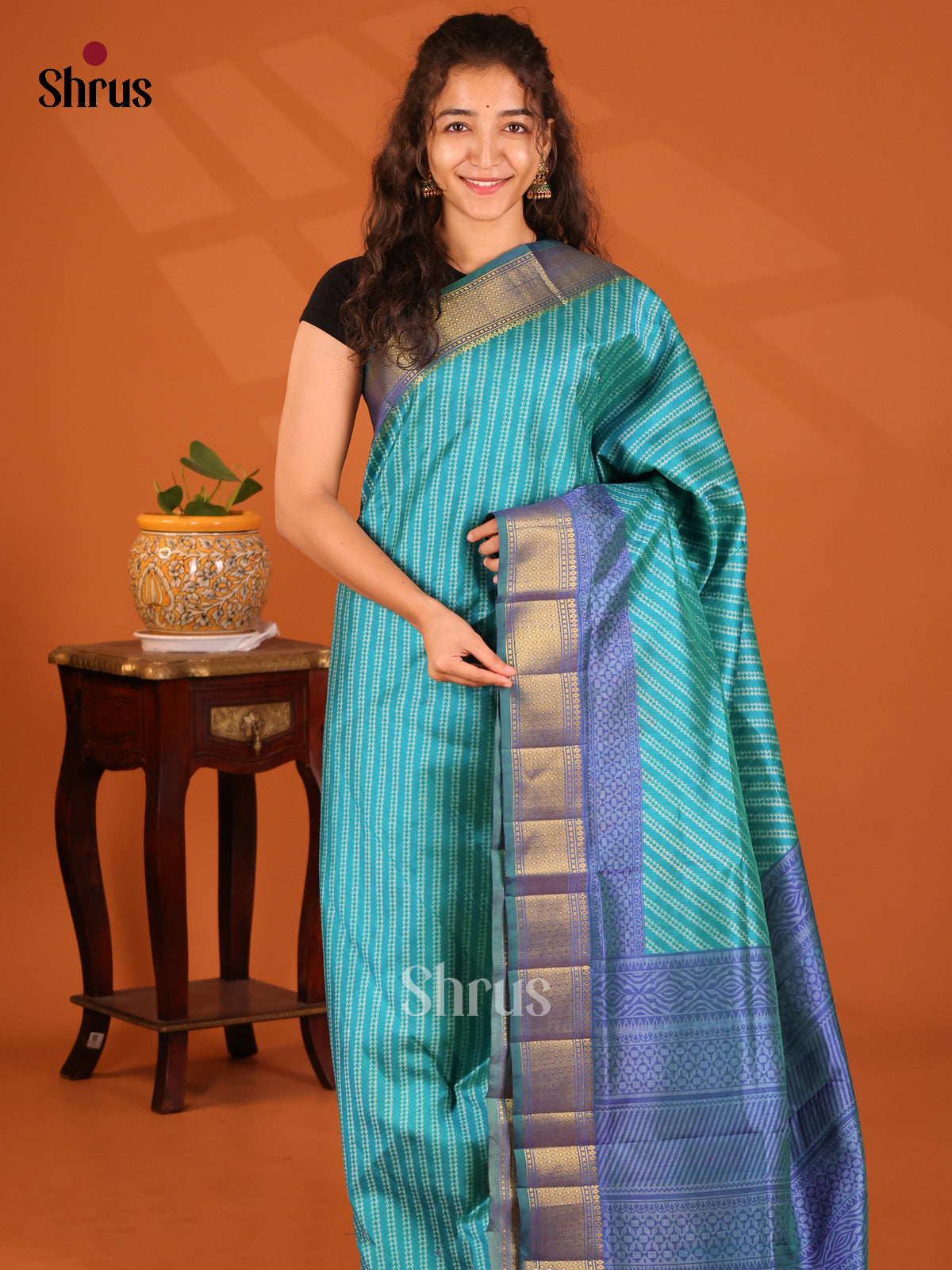 Teal with Blue- Semi Patola Saree - Shop on Shrus.com