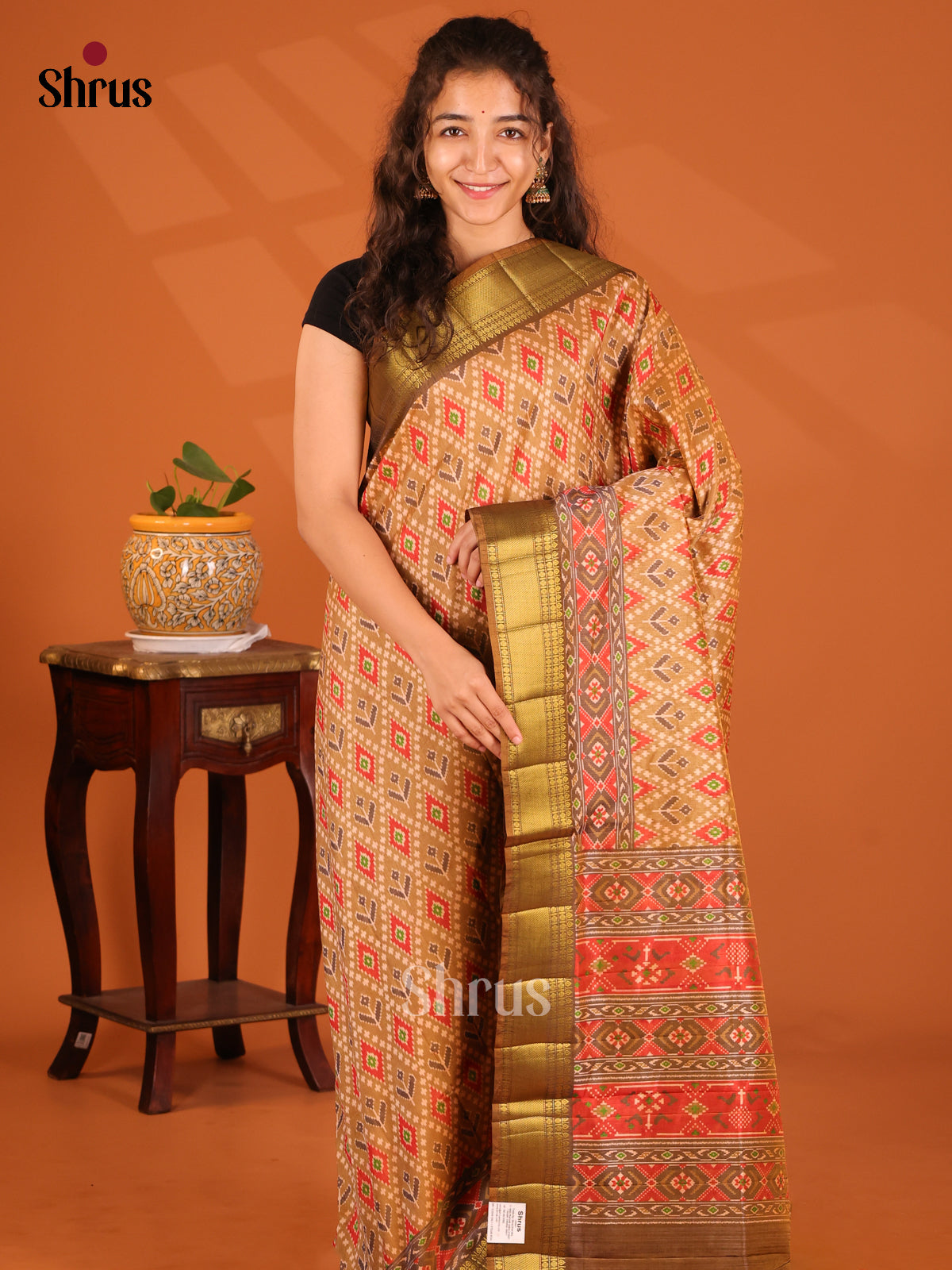 Beige with Brown- Semi Patola Saree - Shop on Shrus.com