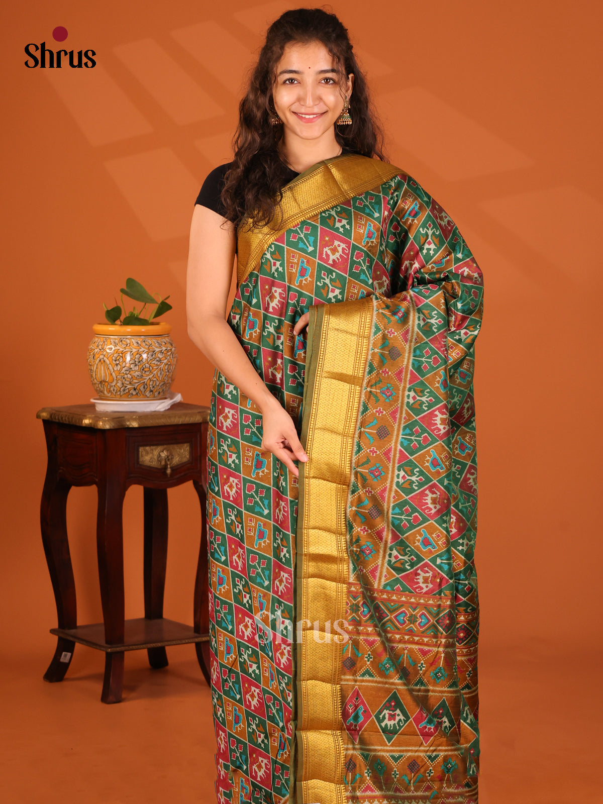 Green with Mustard - Semi Patola Saree - Shop on Shrus.com