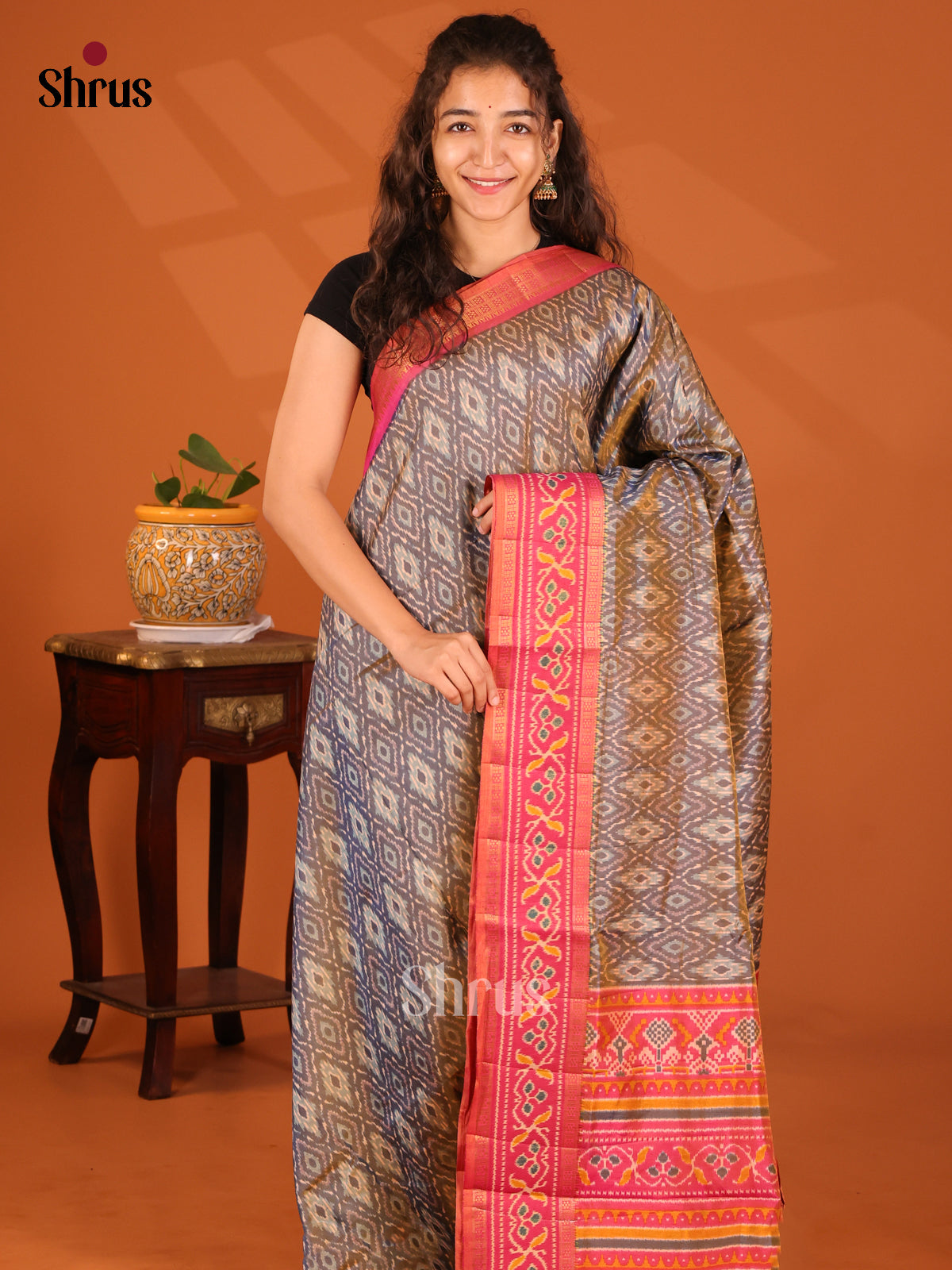 Grey with Orangish Pink - Semi Patola Saree - Shop on Shrus.com