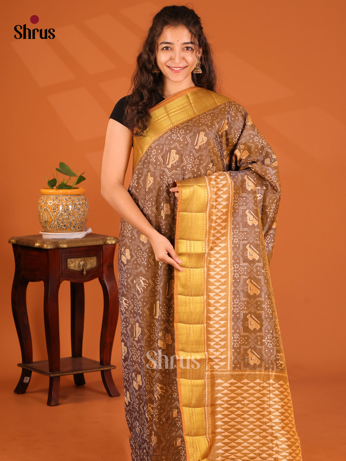 Brown with Beige - Semi Patola Saree - Shop on Shrus.com
