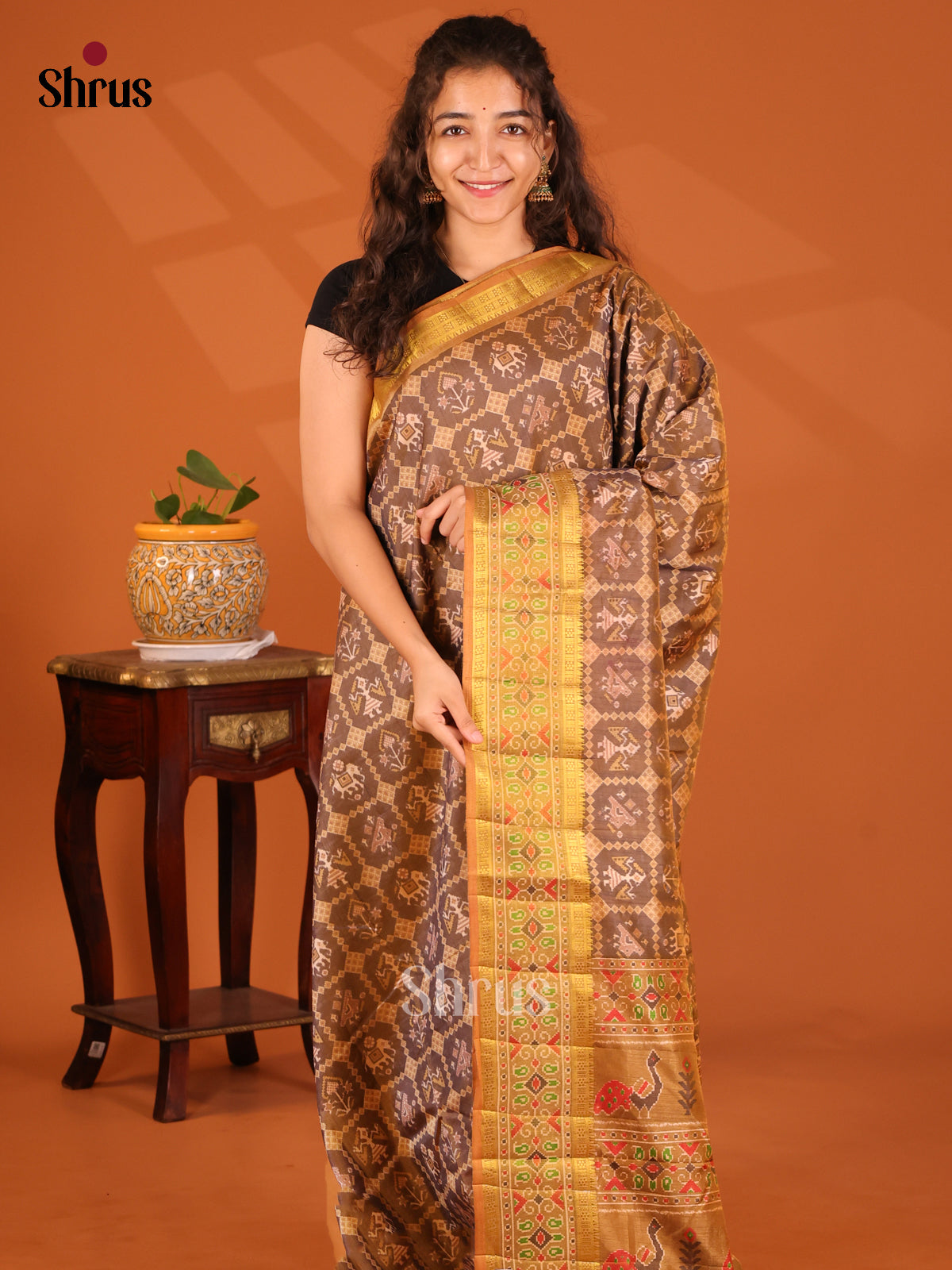 Brown with Brick- Semi Patola Saree - Shop on Shrus.com