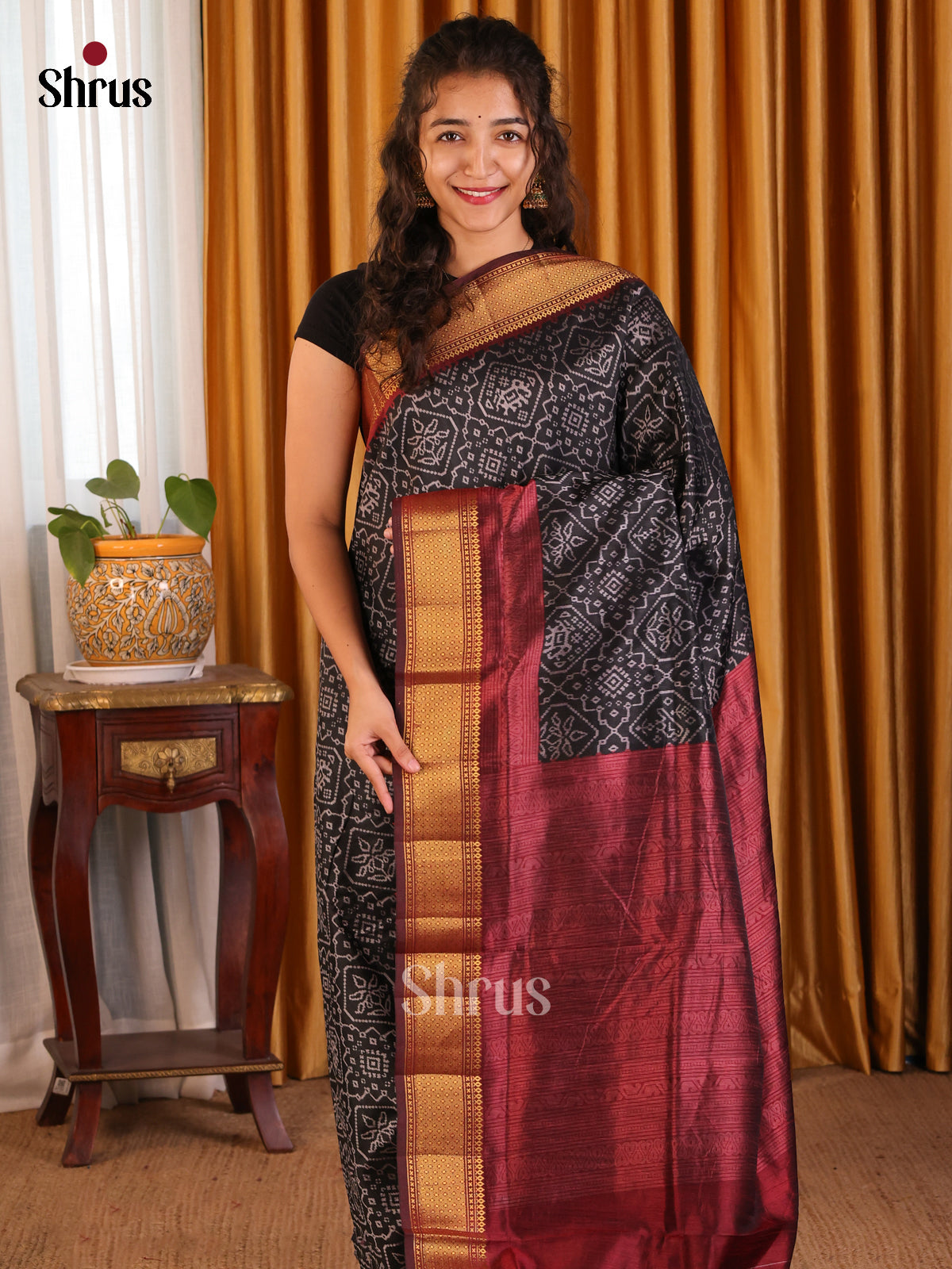 Black with Maroon - Semi Patola Saree - Shop on Shrus.com
