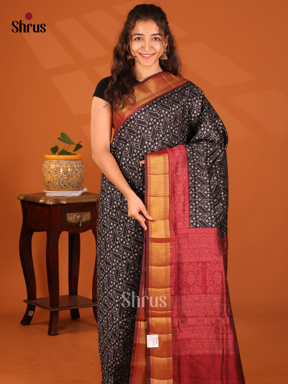 Black with Maroon- Semi Patola Saree - Shop on Shrus.com