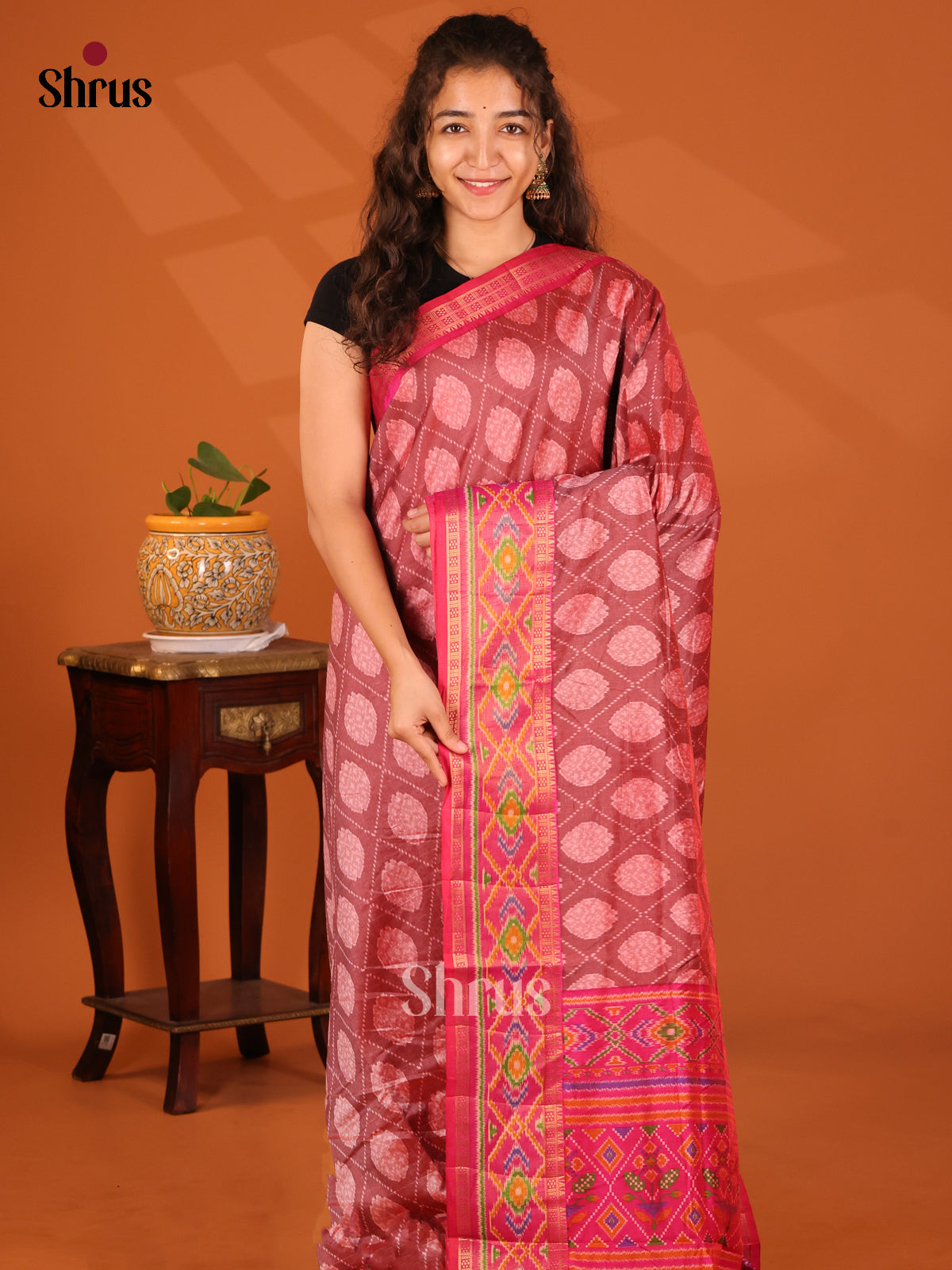 Brown with Pink- Semi Patola Saree - Shop on Shrus.com