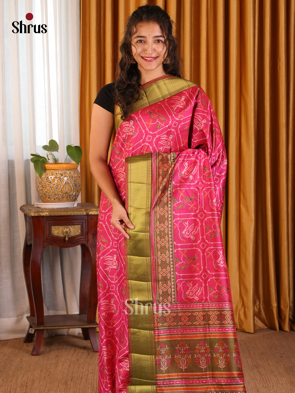Pink with Green - Semi Patola Saree - Shop on Shrus.com