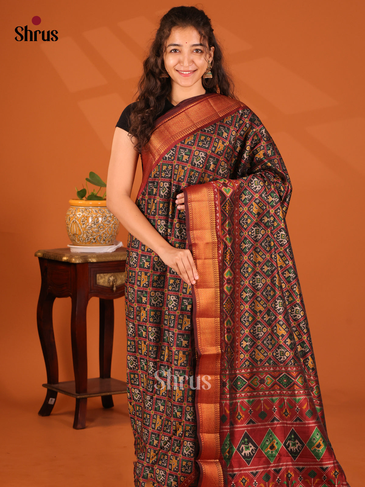 Black with Brown- Semi Patola Saree - Shop on Shrus.com