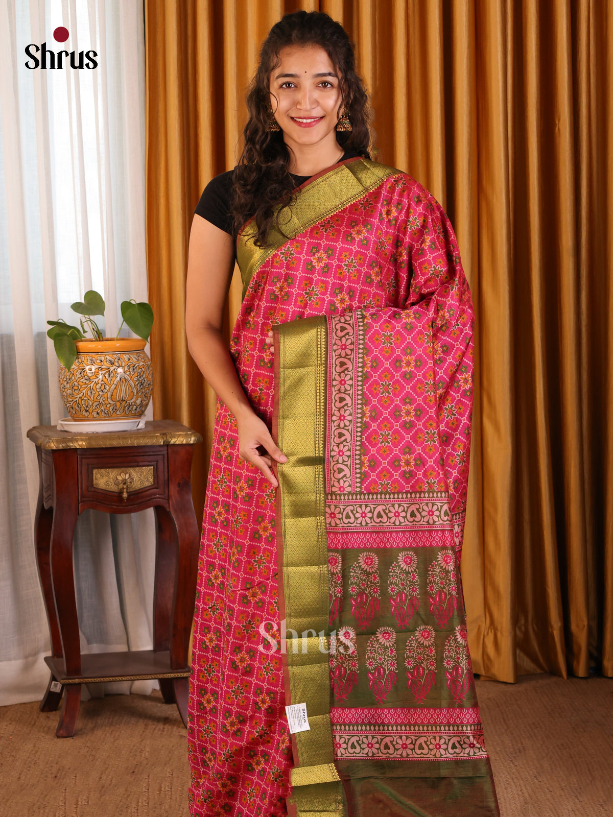 Pink with Green- Semi Patola Saree - Shop on Shrus.com