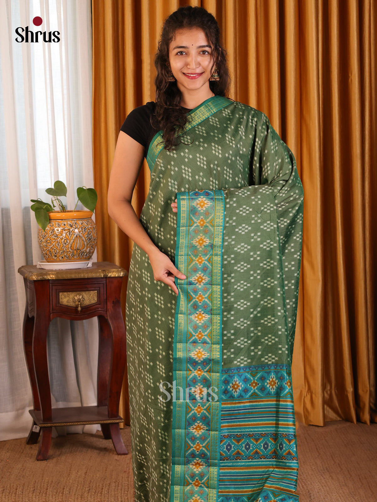 Green with Teal- Semi Patola Saree - Shop on Shrus.com