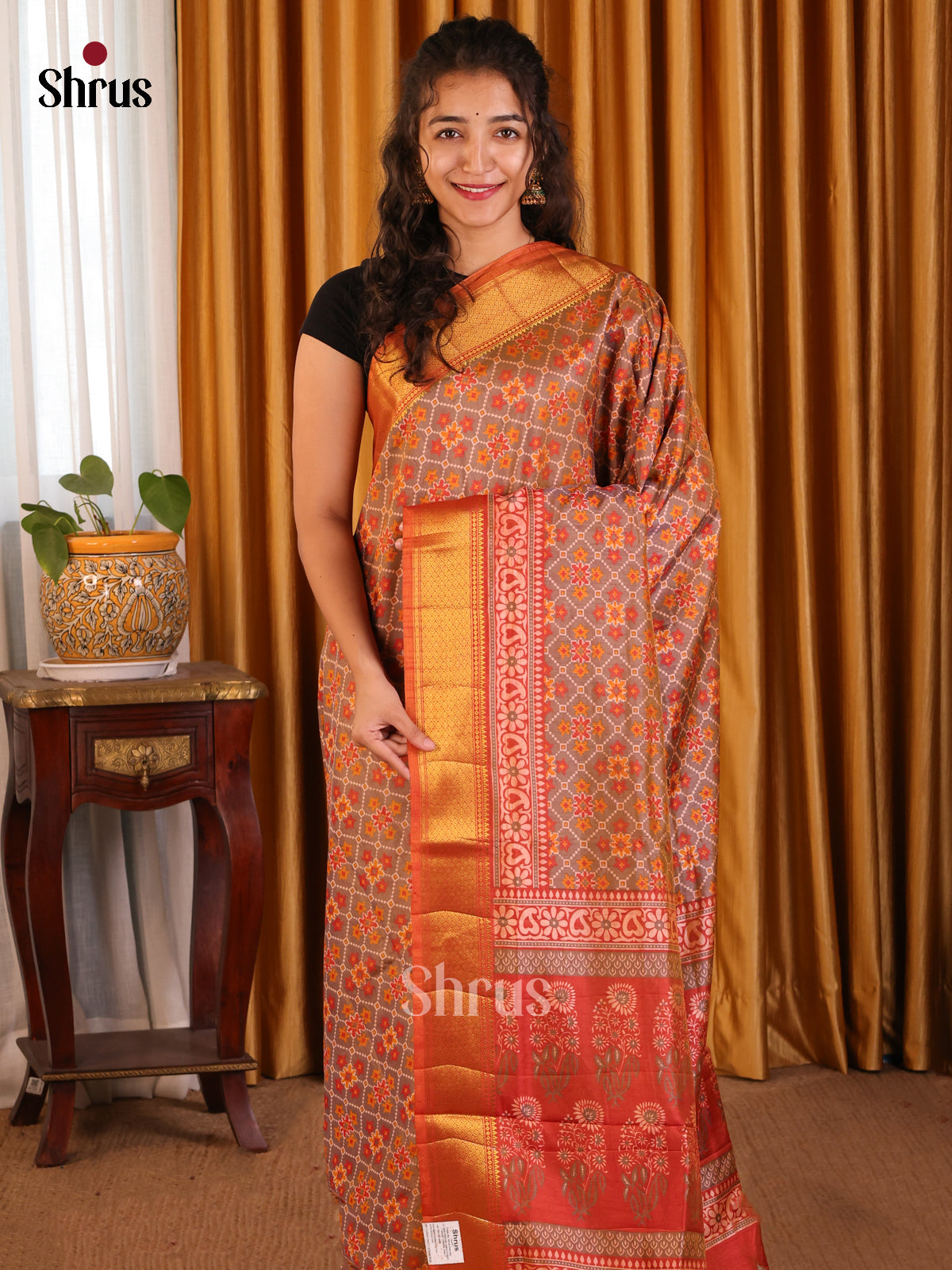 Grey with Orange- Semi Patola Saree - Shop on Shrus.com