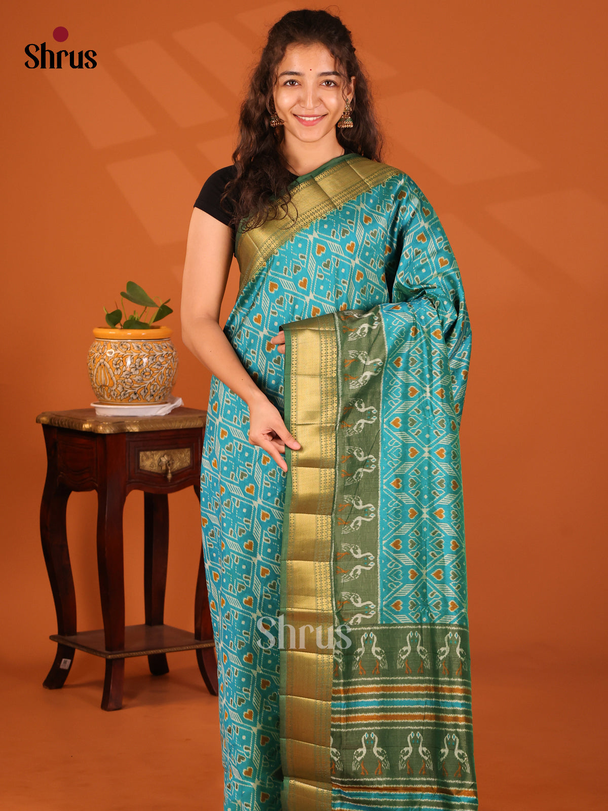 Blue with Green - Semi Patola Saree - Shop on Shrus.com