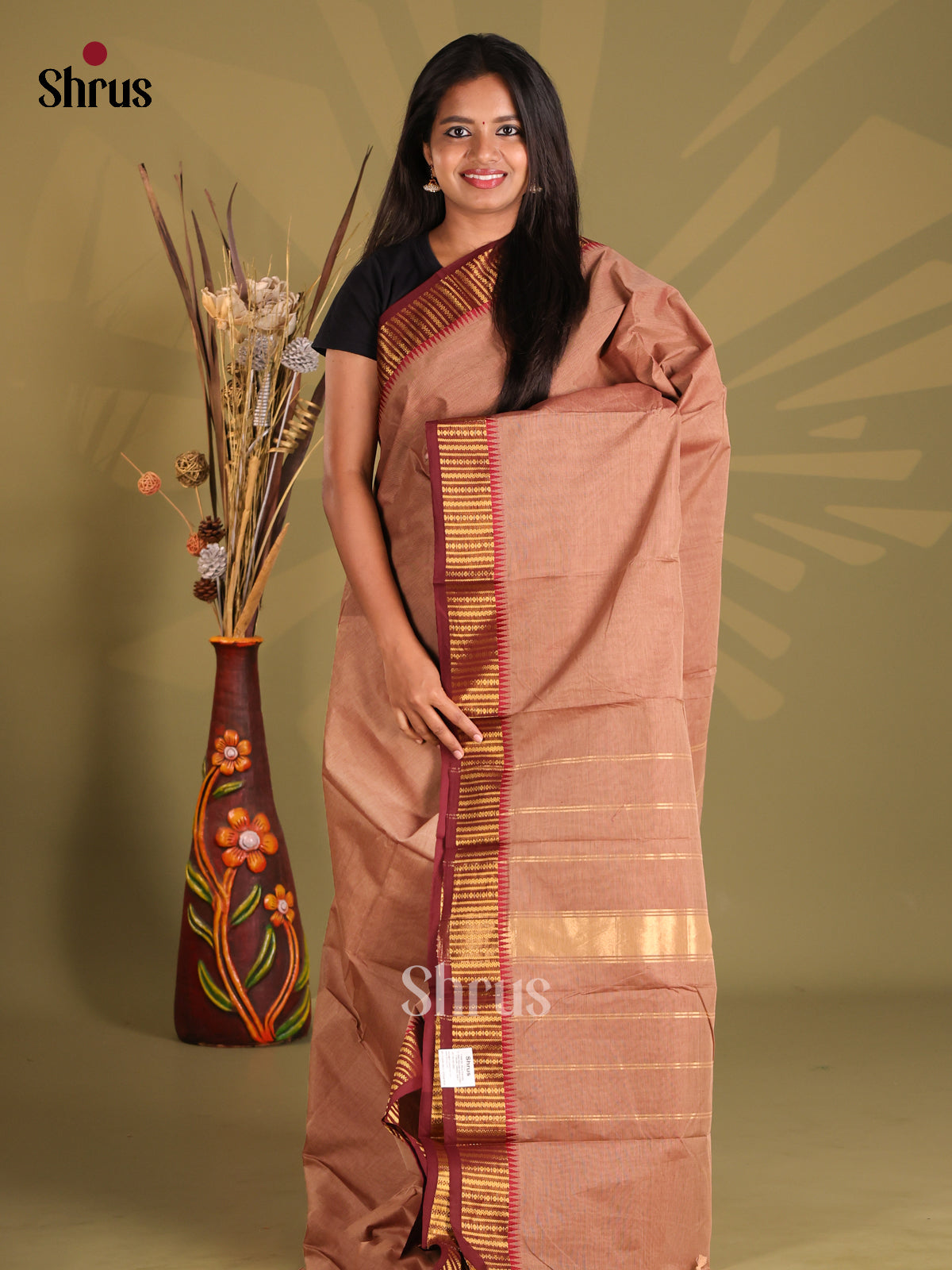 Brown & Maroon - Chettinad Cotton Saree - Shop on Shrus.com