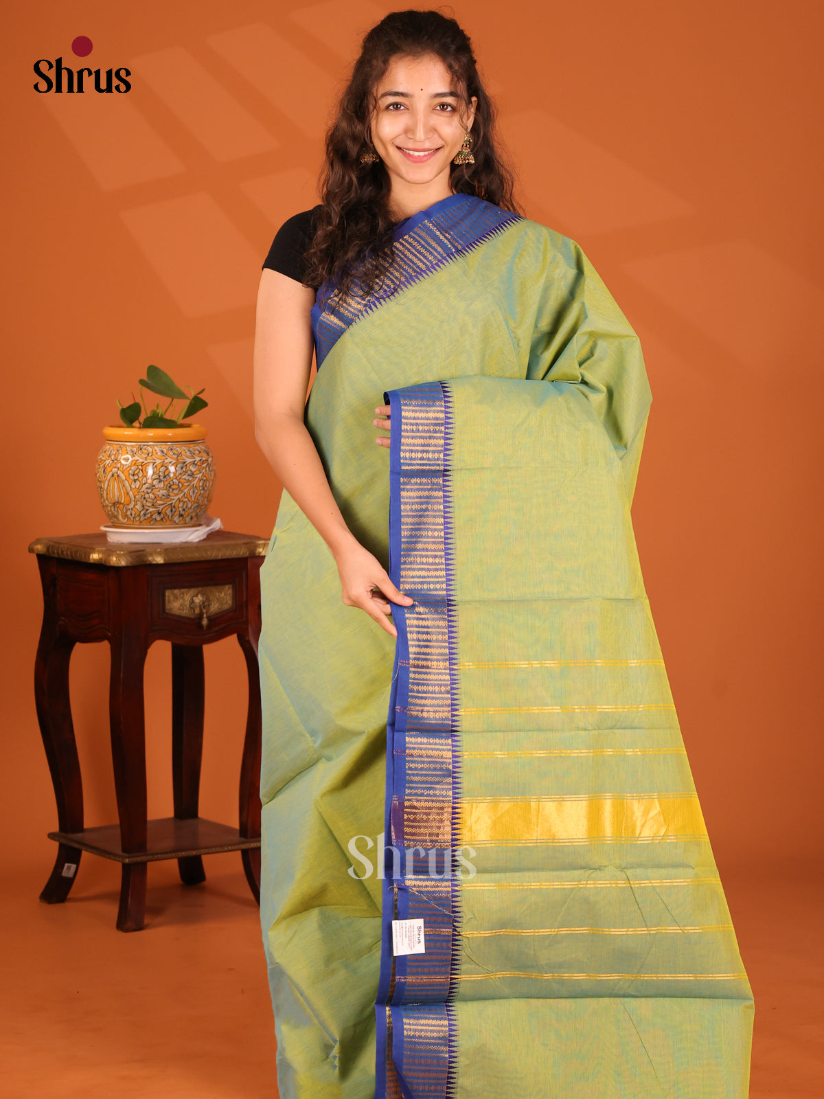 Pista Green Chettinad Cotton Saree With Plain Body & Blue Zari Woven Border - Shop on Shrus.com