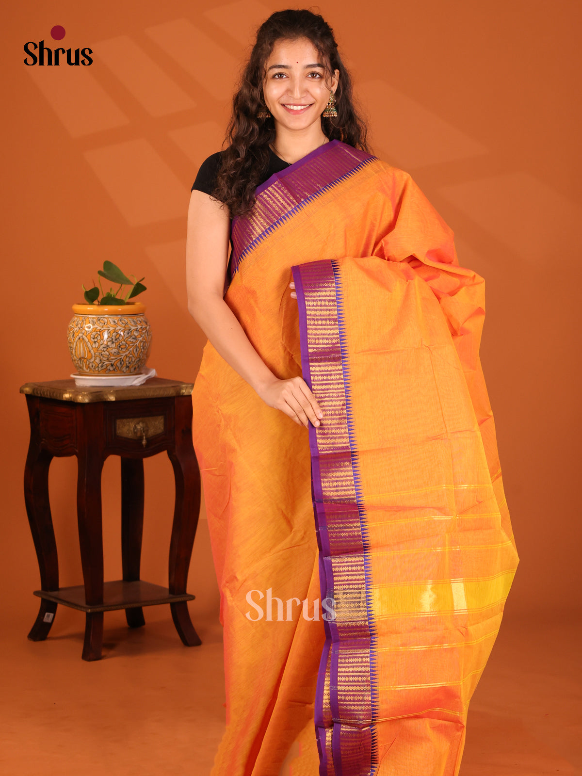 Orange with Violet - Chettinad Cotton Saree - Shop on Shrus.com