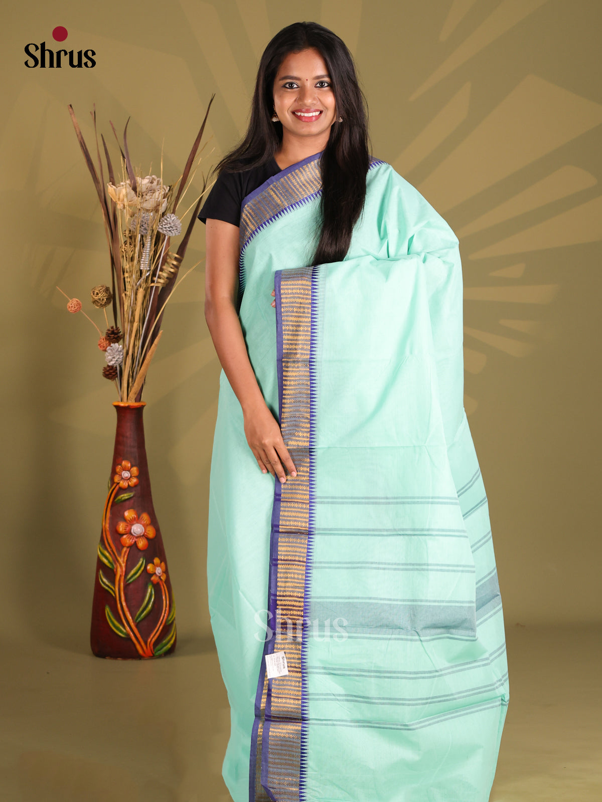 Pastel Green & Blue - Chettinad Cotton Saree - Shop on Shrus.com