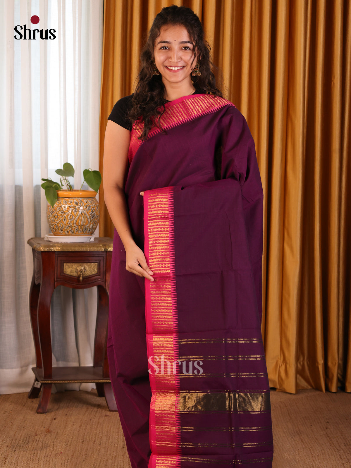 Violet with Pink - Chettinad Cotton Saree - Shop on Shrus.com