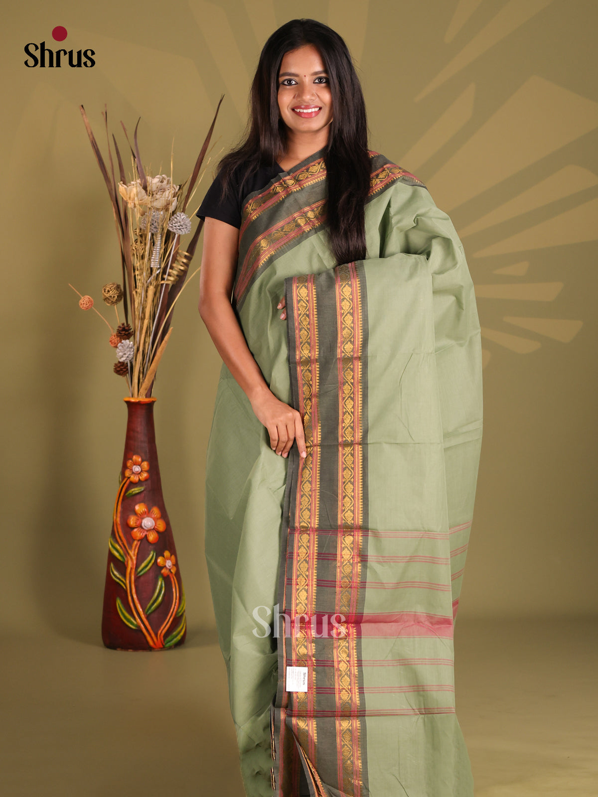 Pastel Green & Green- Chettinad Cotton Saree - Shop on Shrus.com