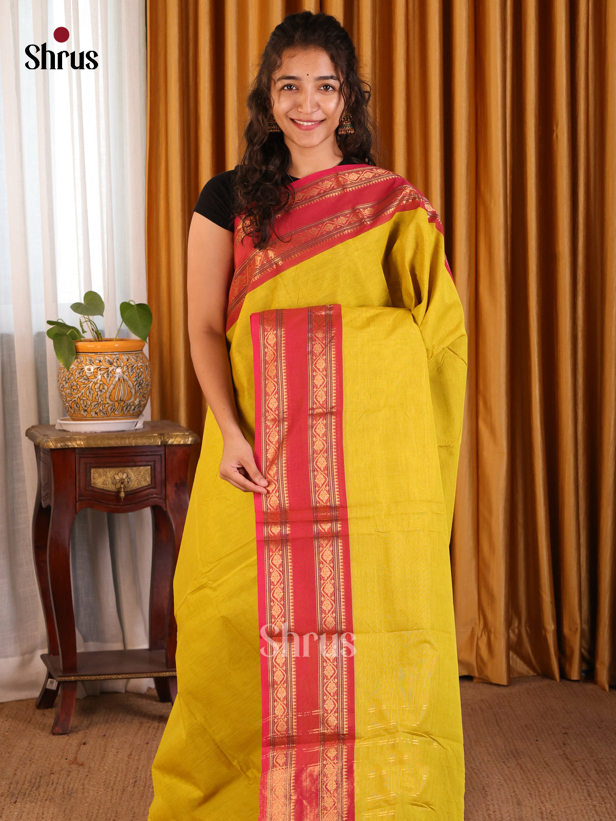 Beautiful Mustardy Green Chettinad Cotton Saree with Red Zari Border - Shop on Shrus.com