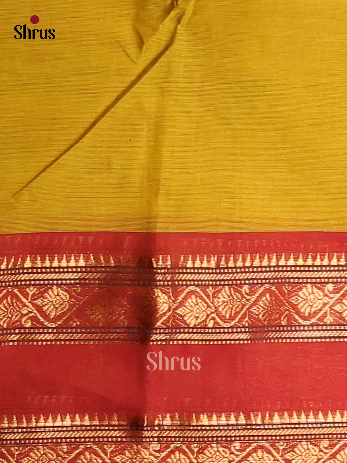 Beautiful Mustardy Green Chettinad Cotton Saree with Red Zari Border - Shop on Shrus.com