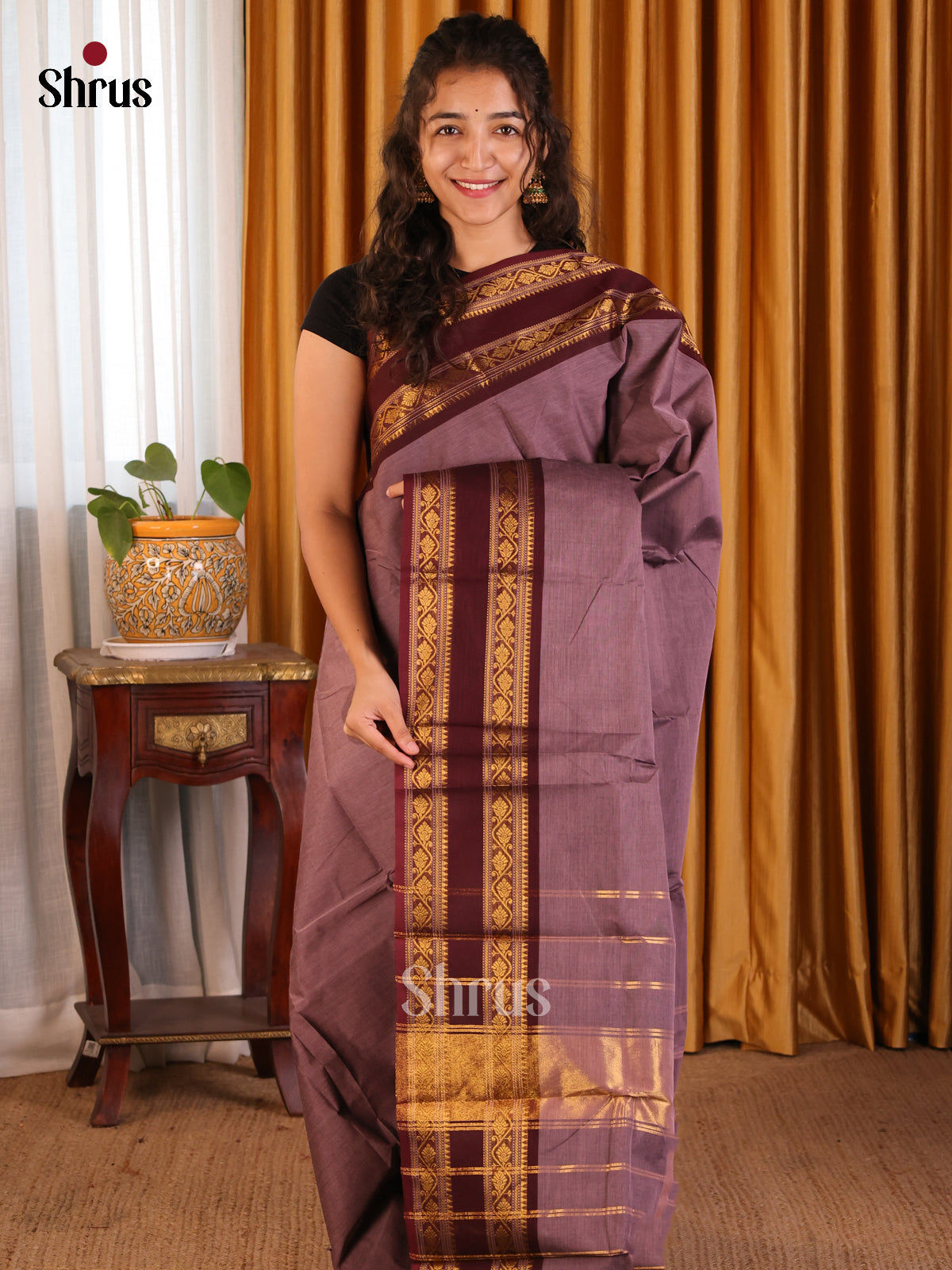 Purple with Brown- Chettinad Cotton Saree - Shop on Shrus.com