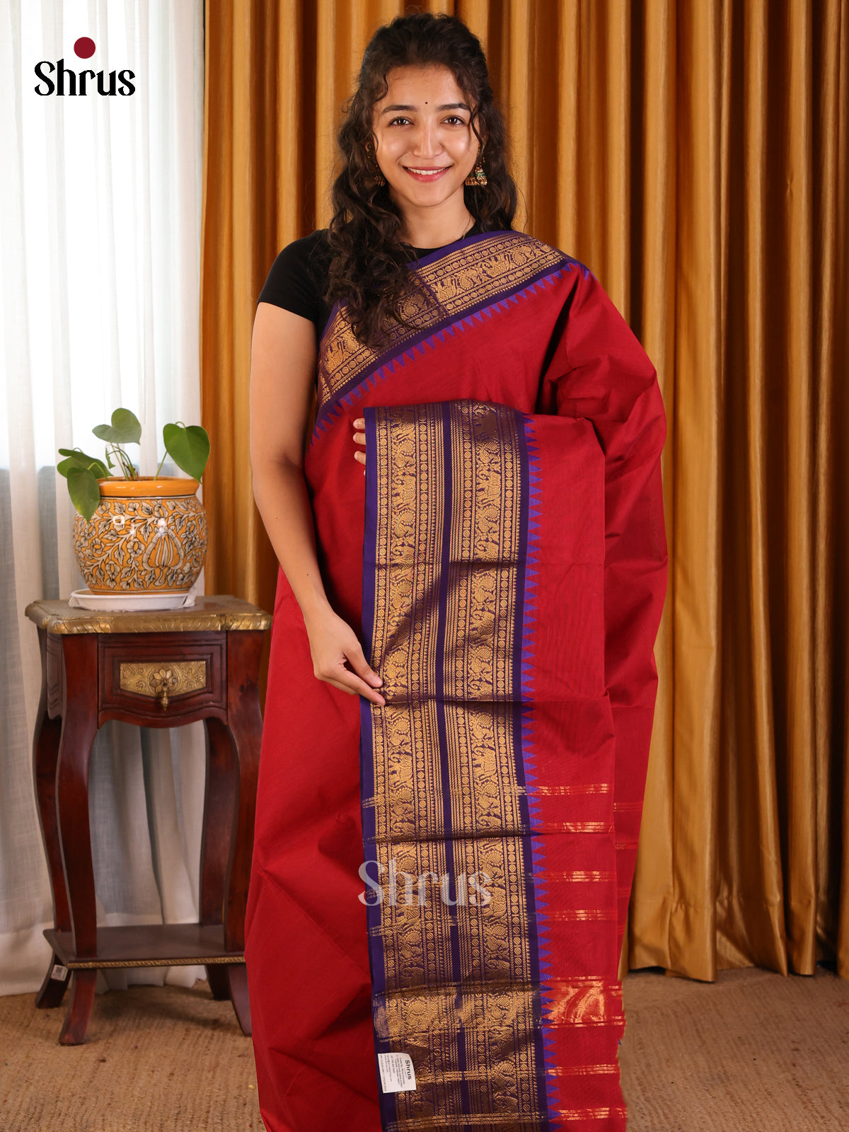 Maroon with Blue - Chettinad Cotton Saree - Shop on Shrus.com