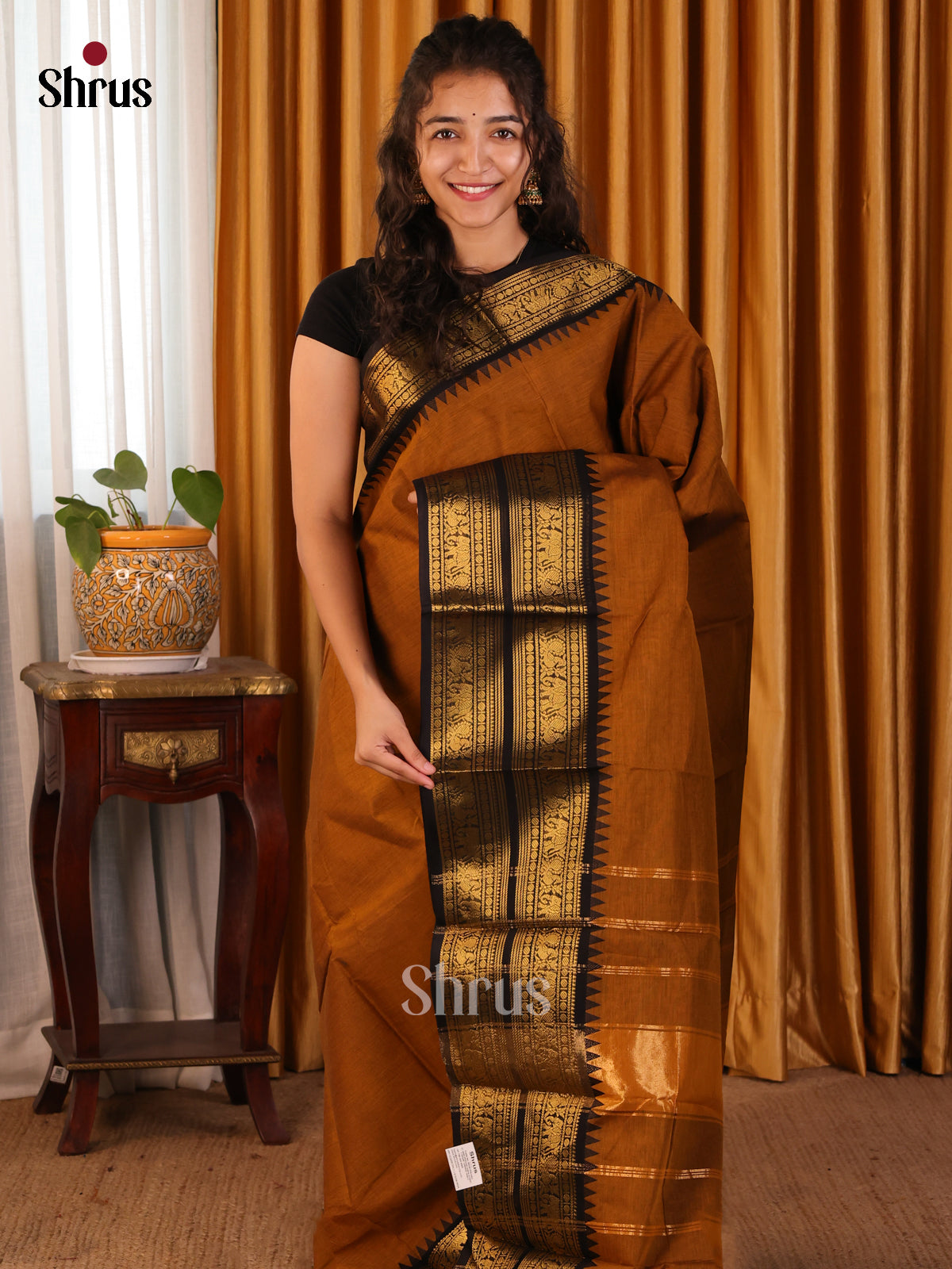 Dark Mustard with Black- Chettinad Cotton Saree - Shop on Shrus.com