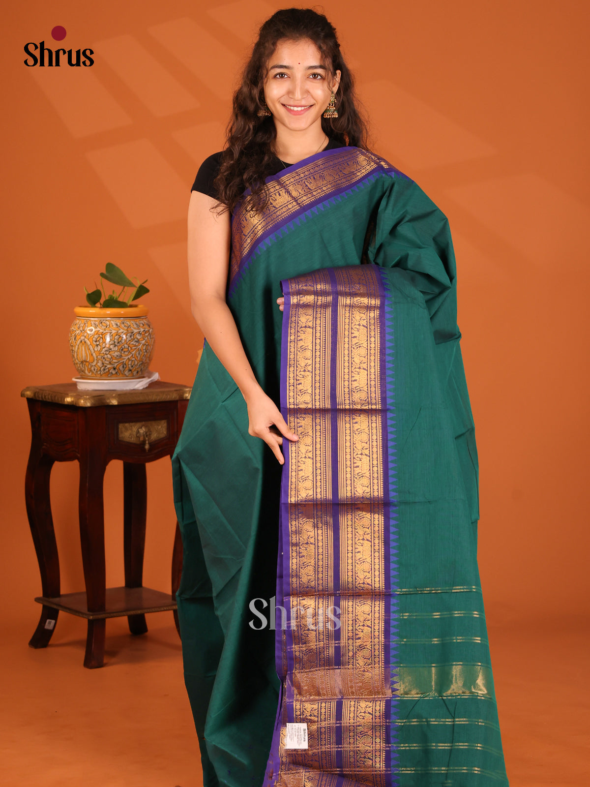 Serene Green Chettinad Cotton Saree with Blue Zari Border - Shop on Shrus.com
