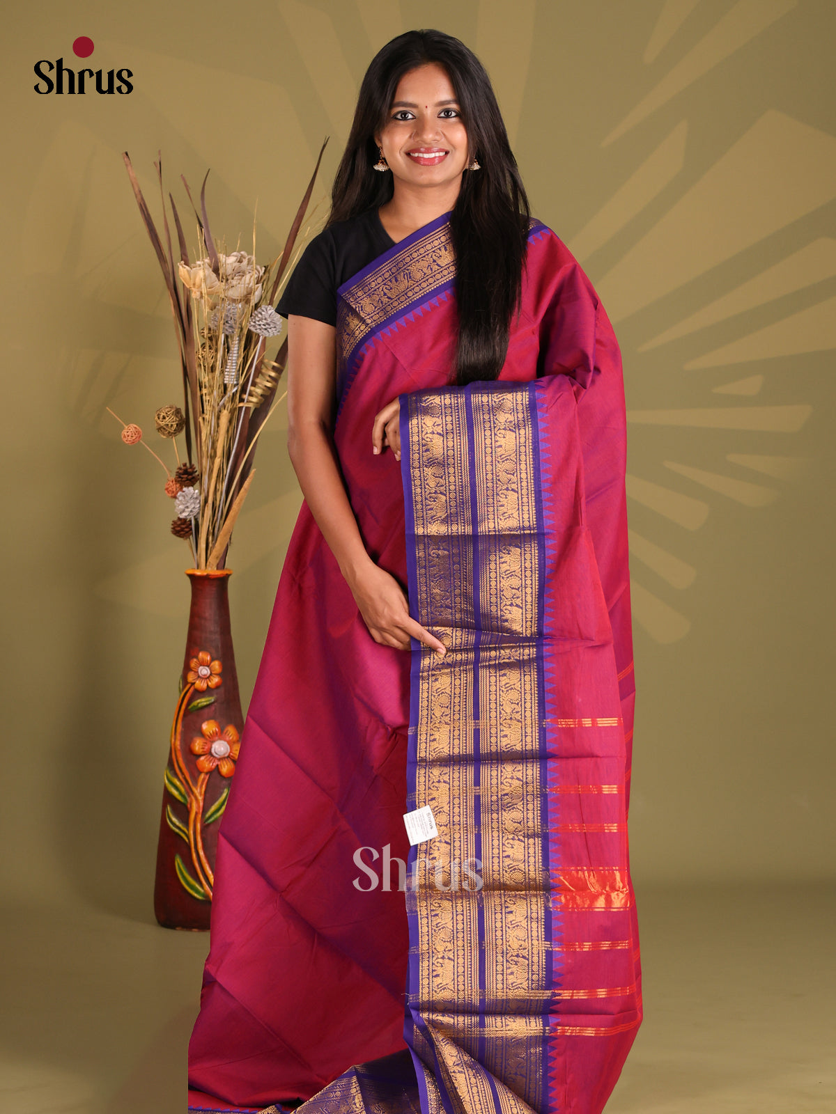 Maroon & Blue- Chettinad Cotton Saree - Shop on Shrus.com