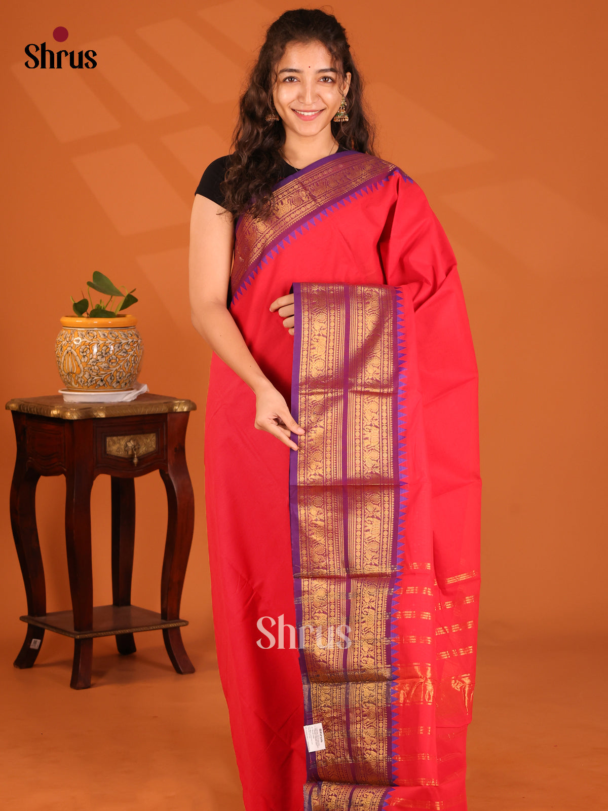 Pretty Red Chettinad Cotton Saree with Violet Zari Border - Shop on Shrus.com
