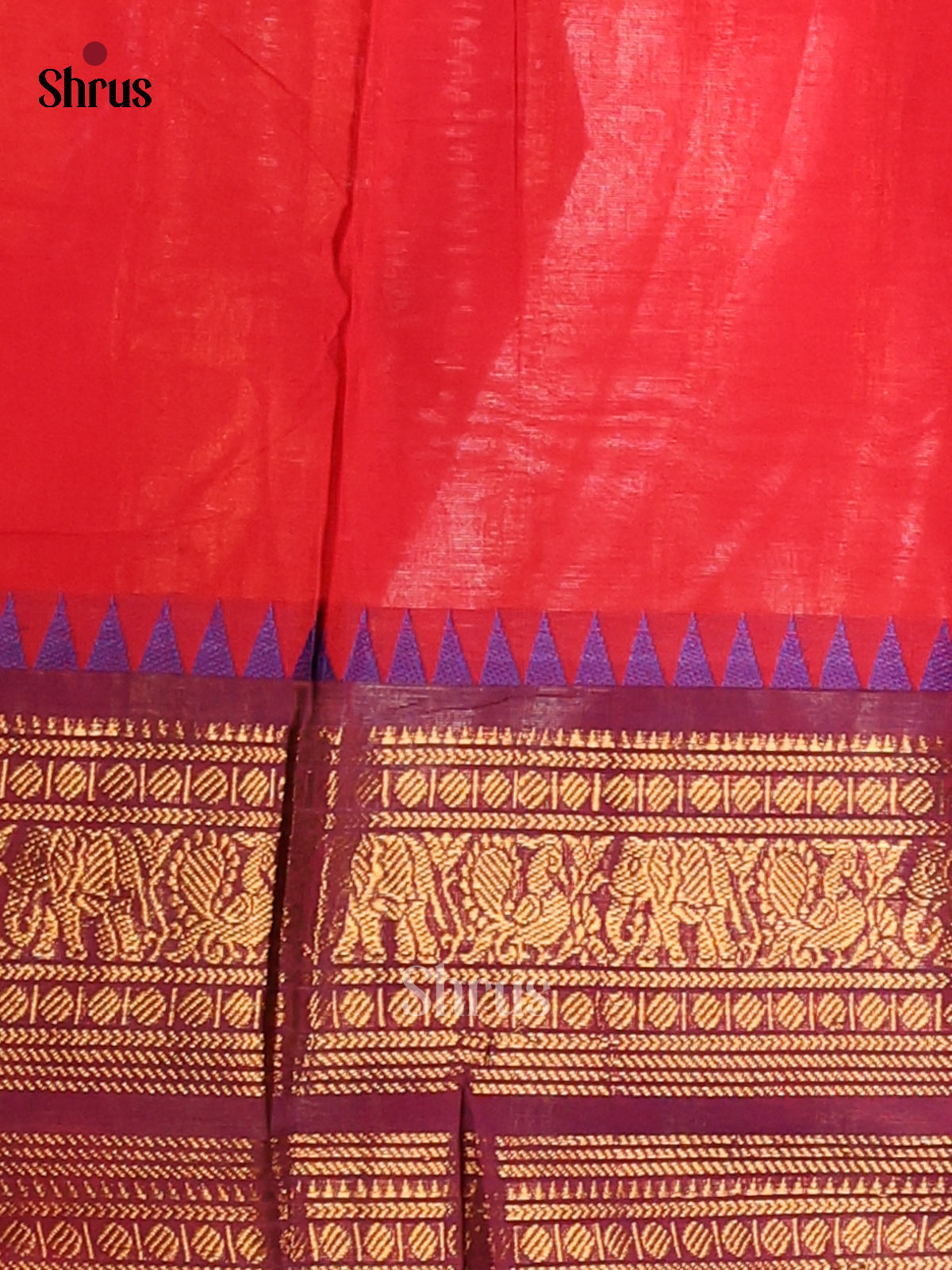 Pretty Red Chettinad Cotton Saree with Violet Zari Border - Shop on Shrus.com