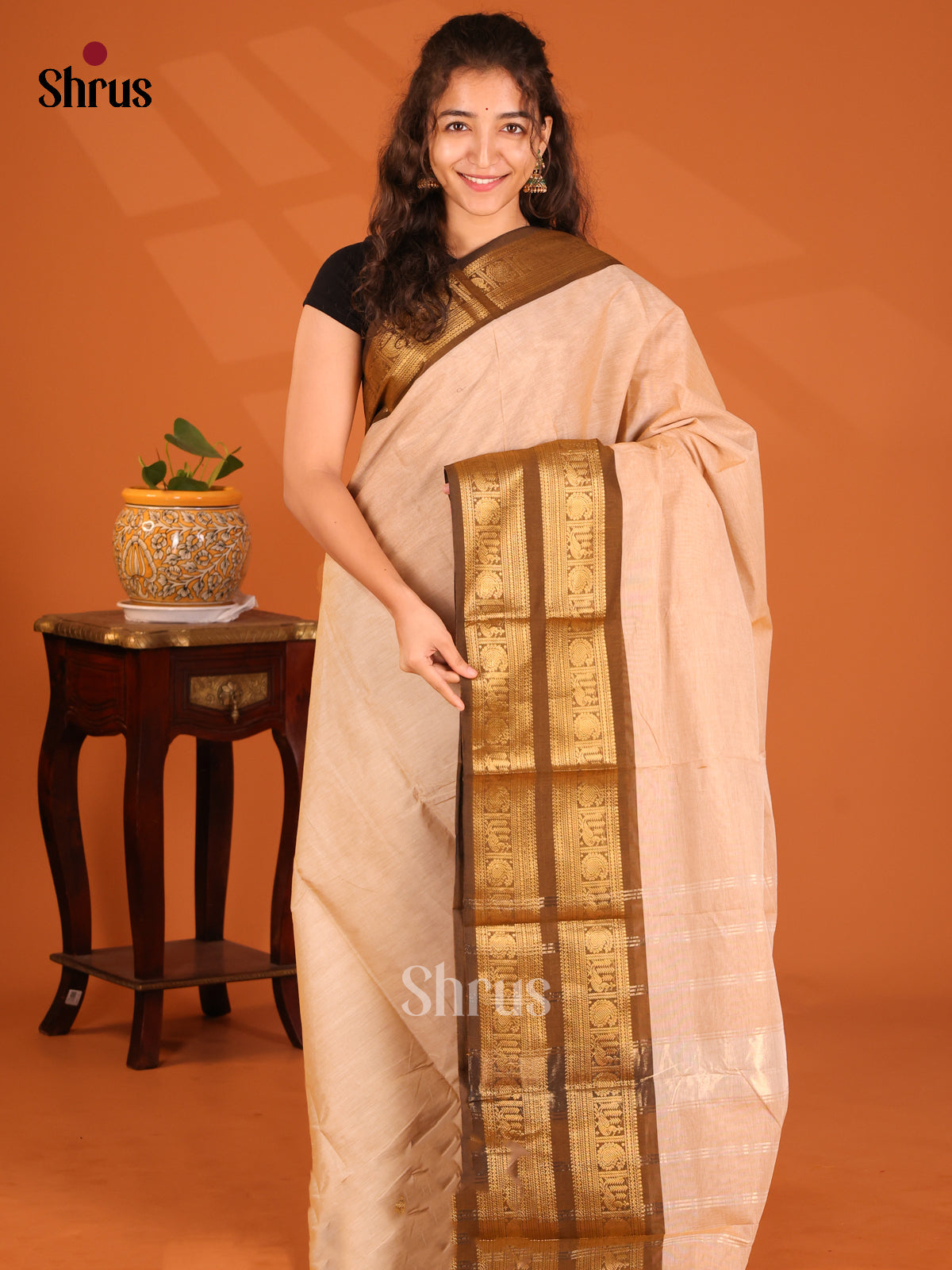 Cream with Mehandi- Chettinad Cotton Saree - Shop on Shrus.com