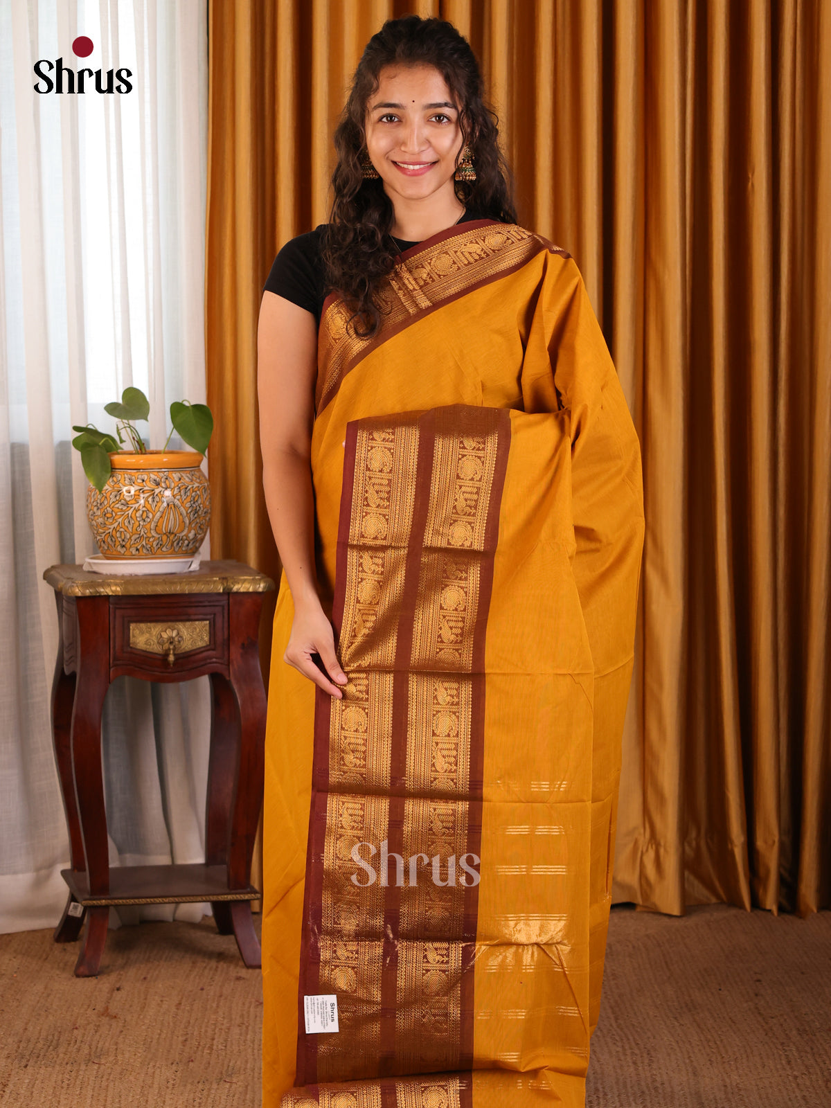 Exquisite Mustard Chettinad Cotton Saree with Brown Zari Border - Shop on Shrus.com