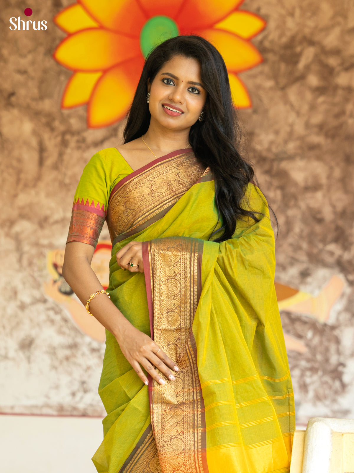 Parrot Green & Maroon - Chettinad Cotton Saree - Shop on Shrus.com