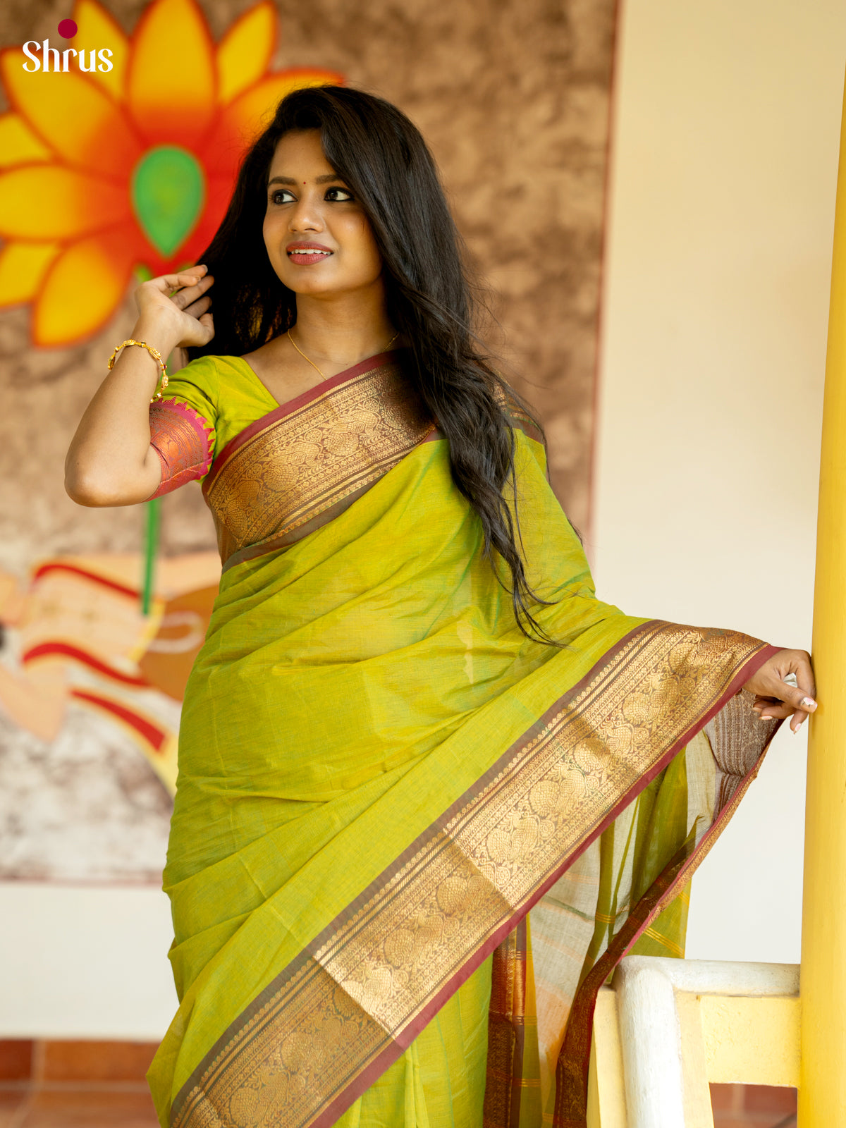 Parrot Green & Maroon - Chettinad Cotton Saree - Shop on Shrus.com
