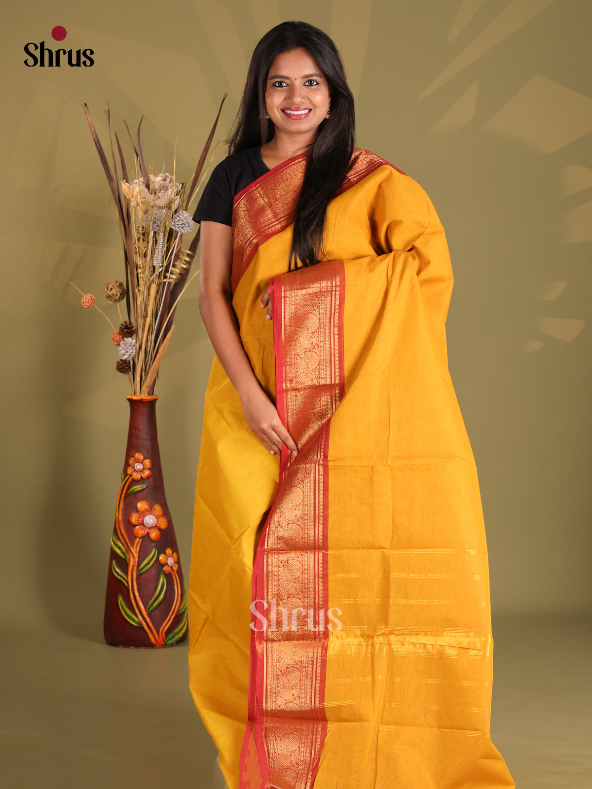 Mustard & Red - Chettinad Cotton Saree - Shop on Shrus.com