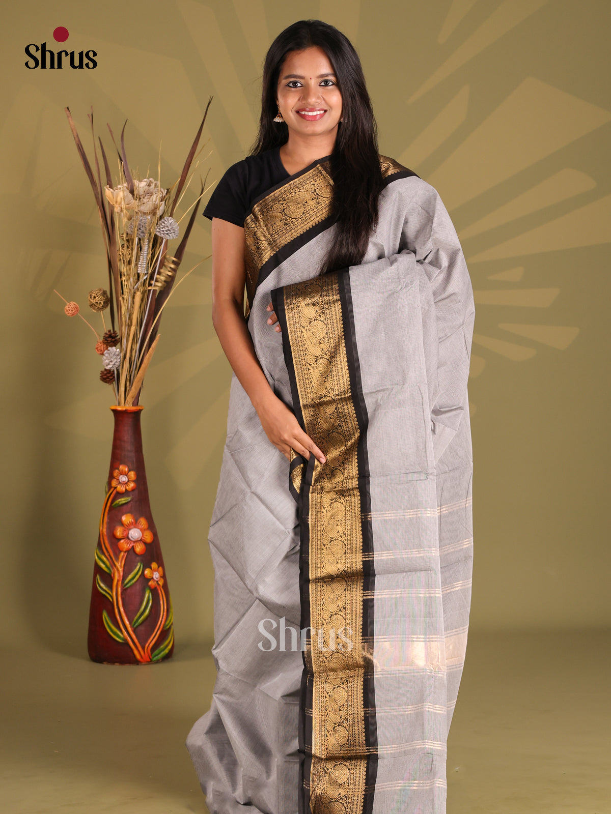 Grey & Black - Chettinad Cotton Saree - Shop on Shrus.com