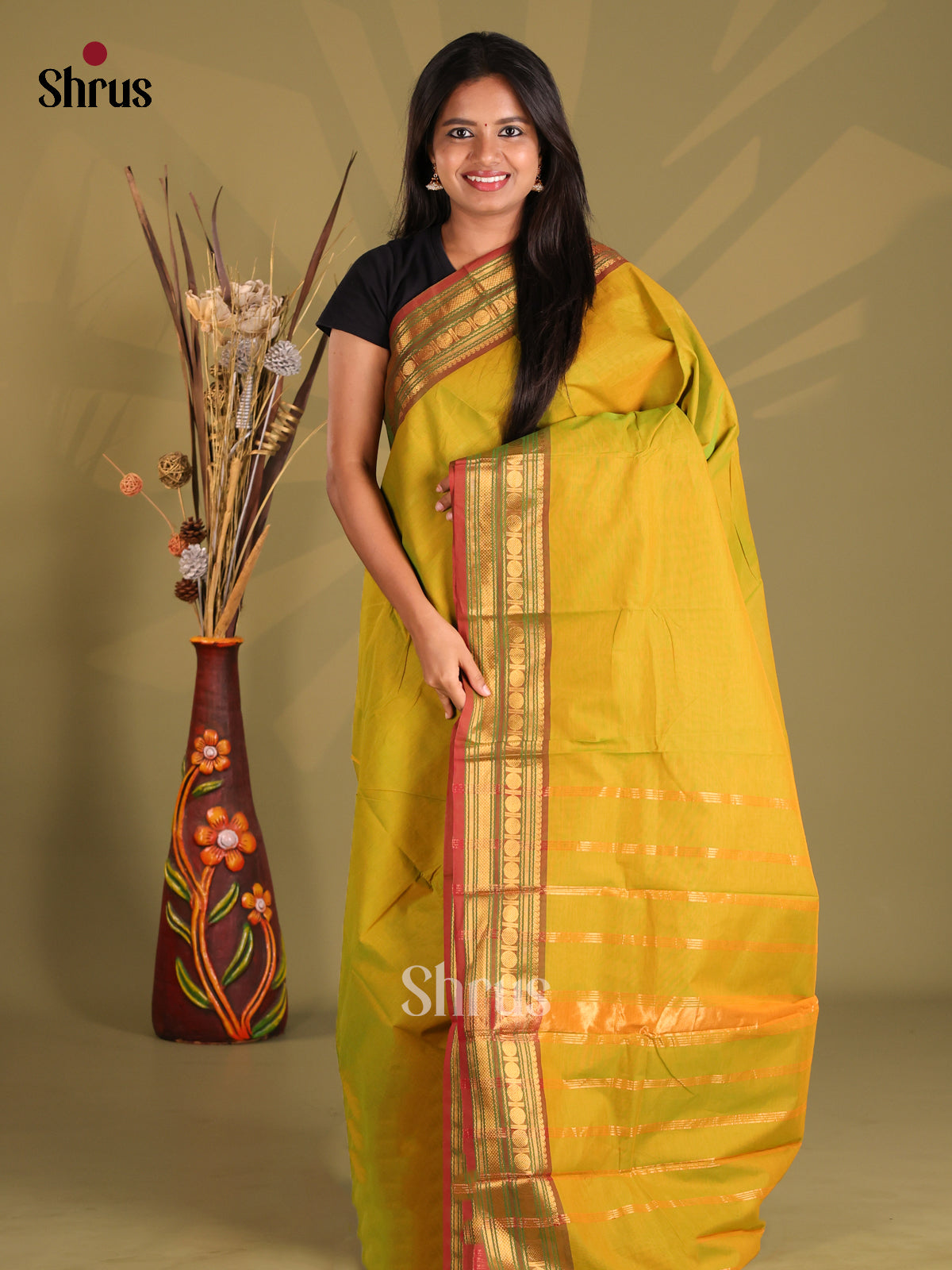 Lime Green & Brown - Chettinad Cotton Saree - Shop on Shrus.com