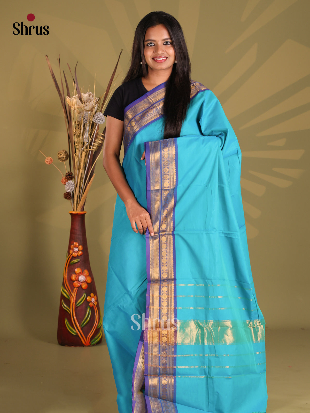 Sky Blue & Blue - Chettinad Cotton Saree - Shop on Shrus.com