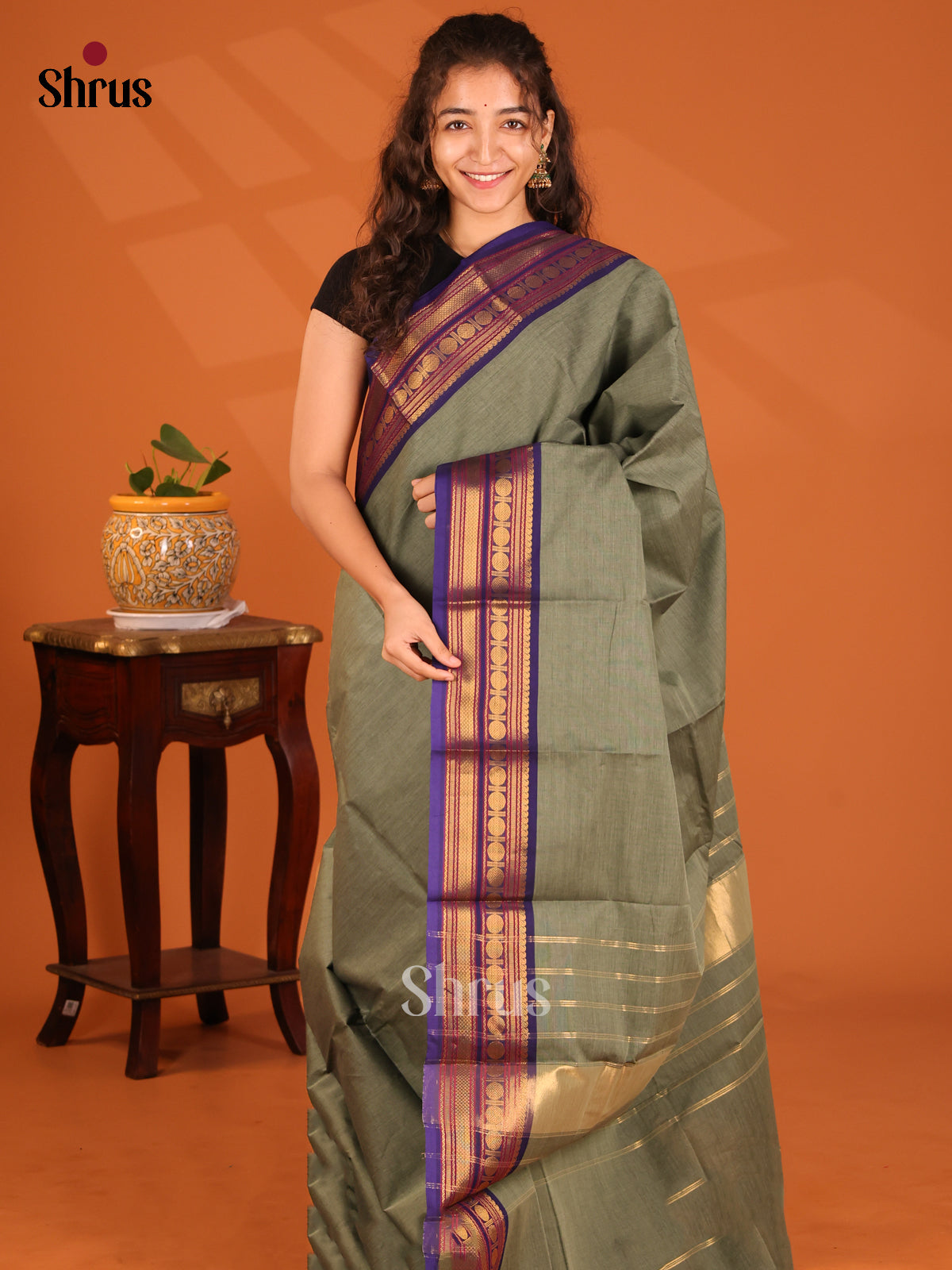 Grey Green with Blue - Chettinad Cotton Saree - Shop on Shrus.com