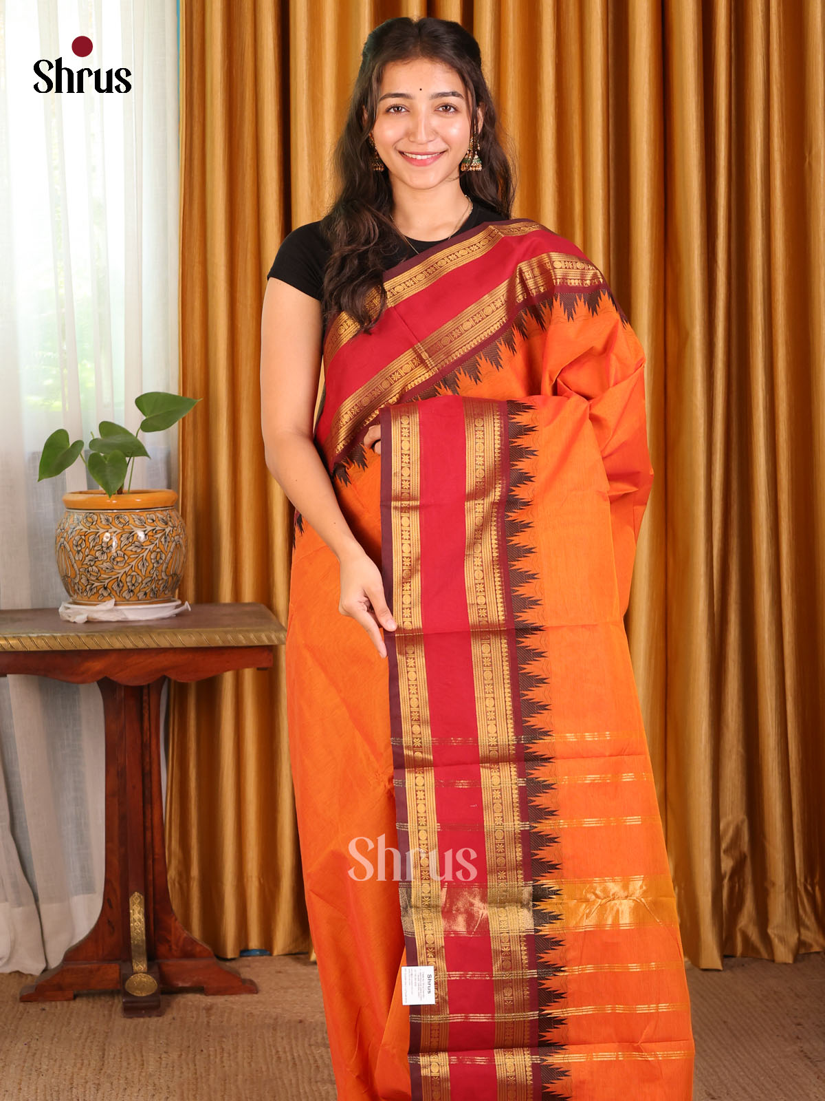 Orange with Brown- Chettinad Cotton Saree - Shop on Shrus.com