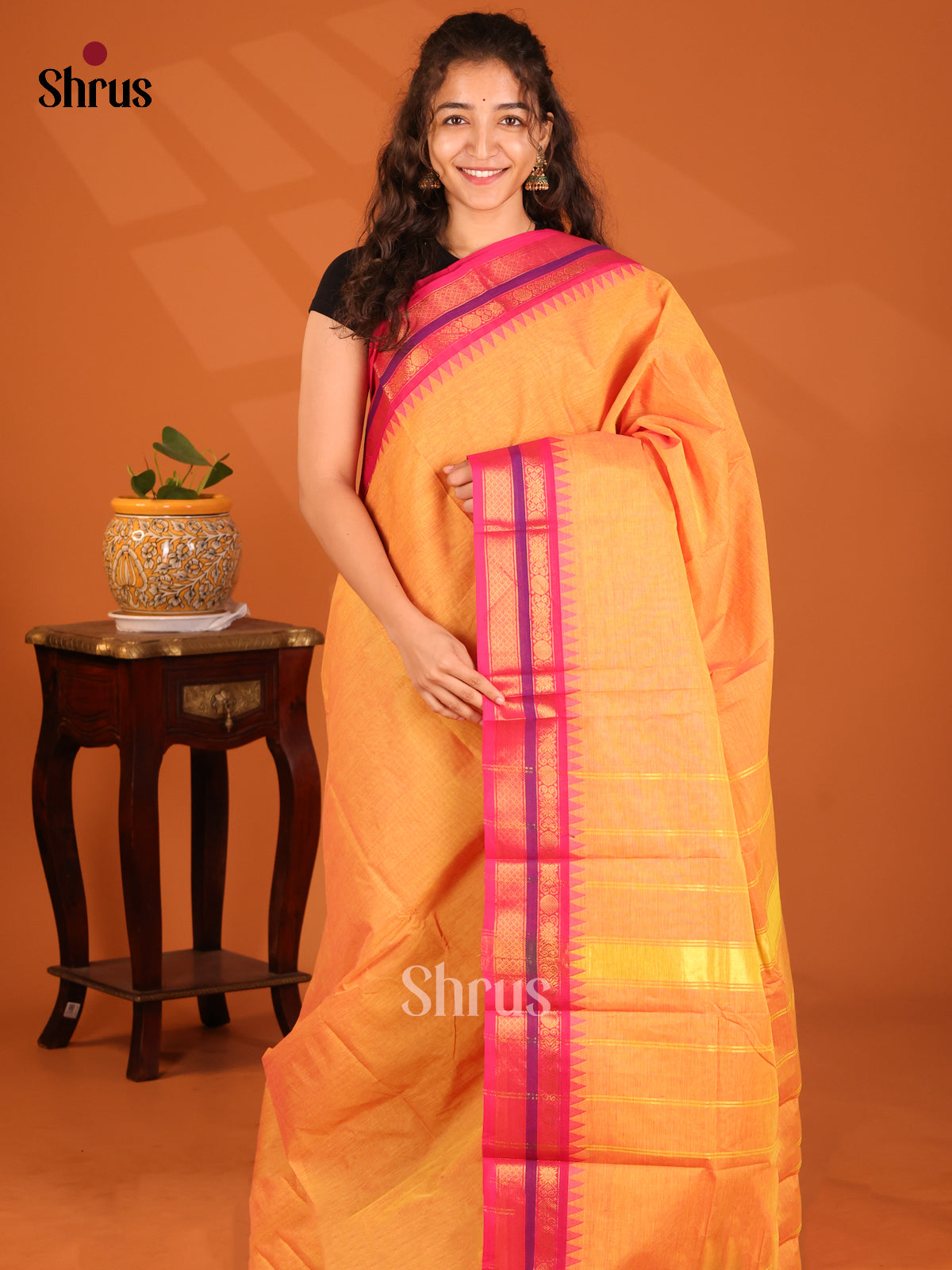 Vibrant Orange Chettinad Cotton Saree with Pink Zari Border - Shop on Shrus.com