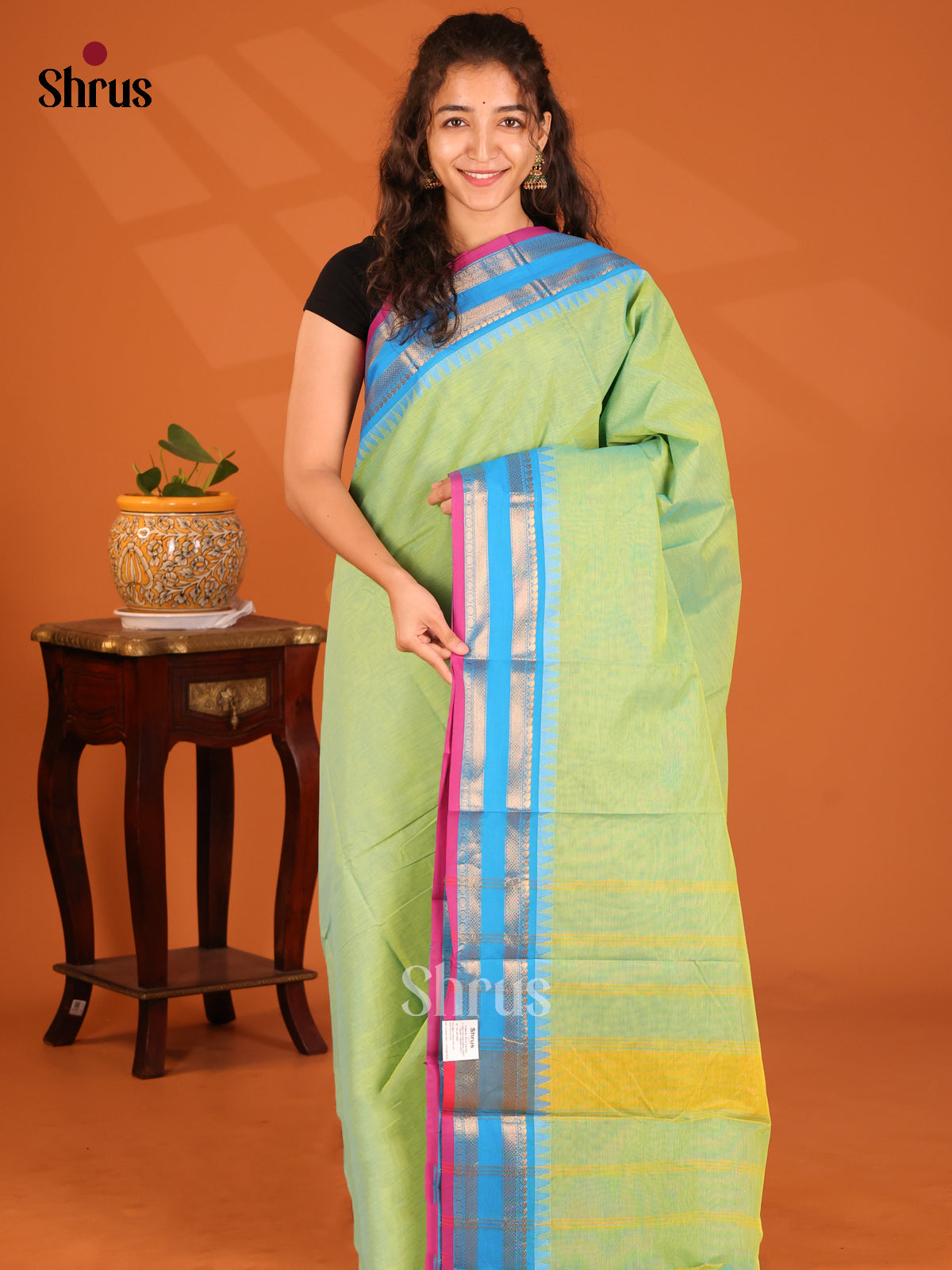 Breezy Pista Green Chettinad Cotton Saree with Blue Rettaipet Zari - Shop on Shrus.com